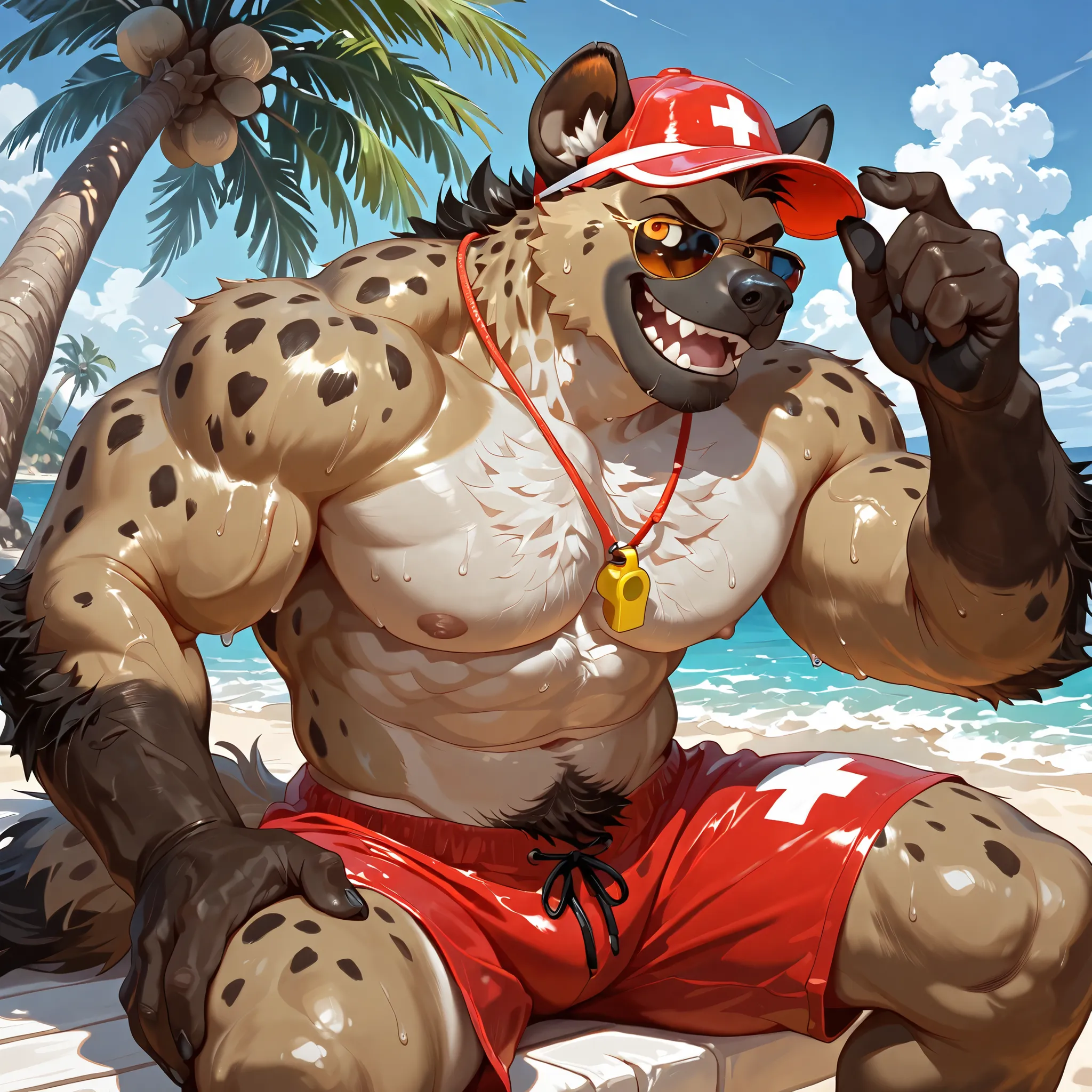 Best Quality, high quality, Ultra High Resolution,Fine eyes, Exquisite Face ,handsome,5 Fingers,paw,(hyena),Orange eyes,fluffy hair,nipple,Hairy,Thin body,Red Triangle Swim Pants,Abdominal muscles,Red hat,Lifeguard,Yellow Whistle,Raypon Sunglasses,seaside,...
