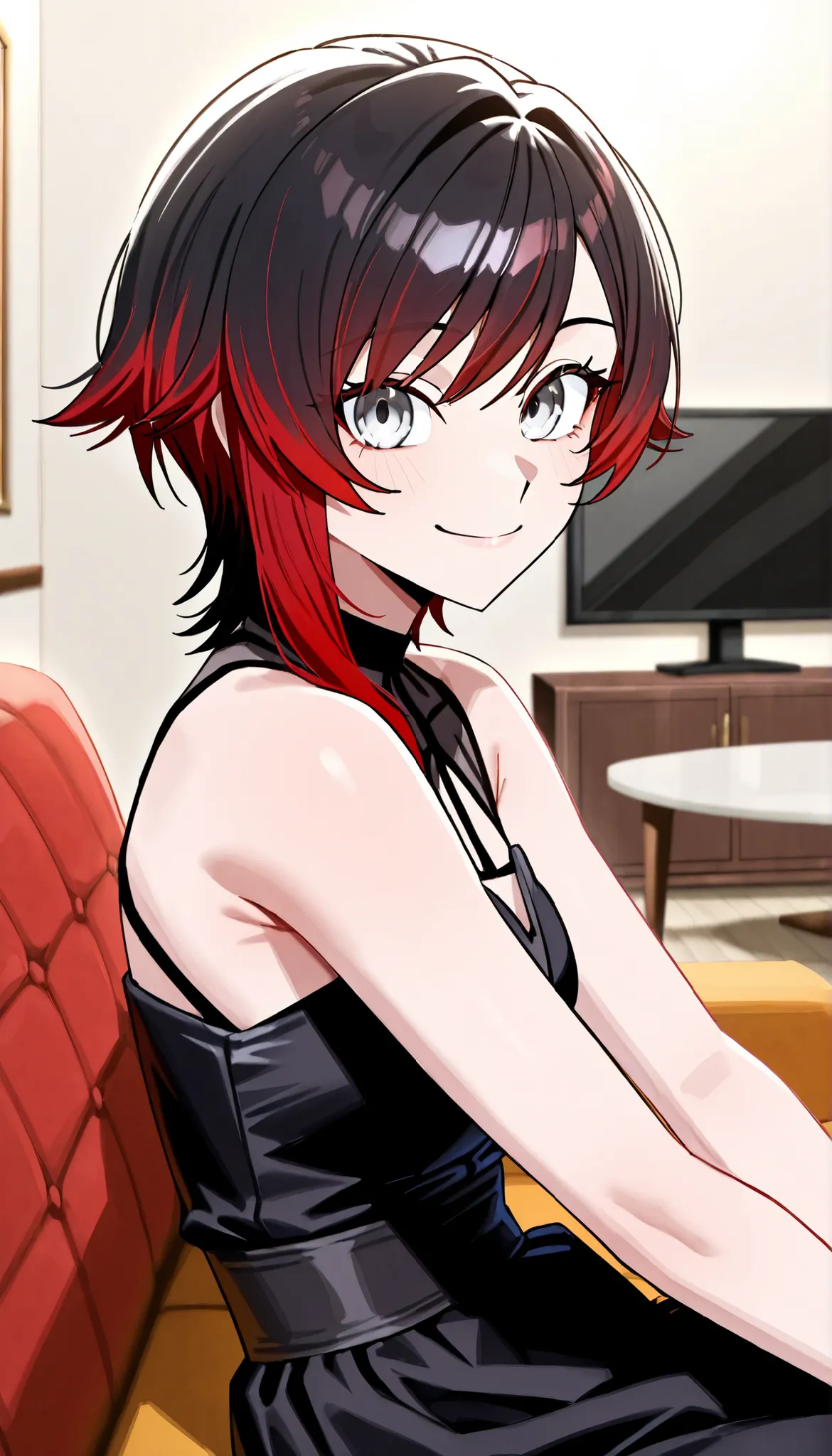RubyR0se, 1girl, black hair, red hair, two tone hair, gray eyes, black dress, indoors, living room, couch, sitting on couch, table, TV, looking at viewer, sitting sideways, smile, upper body, close-up of face, from side, score_9, score_8_up, score_7_up, so...