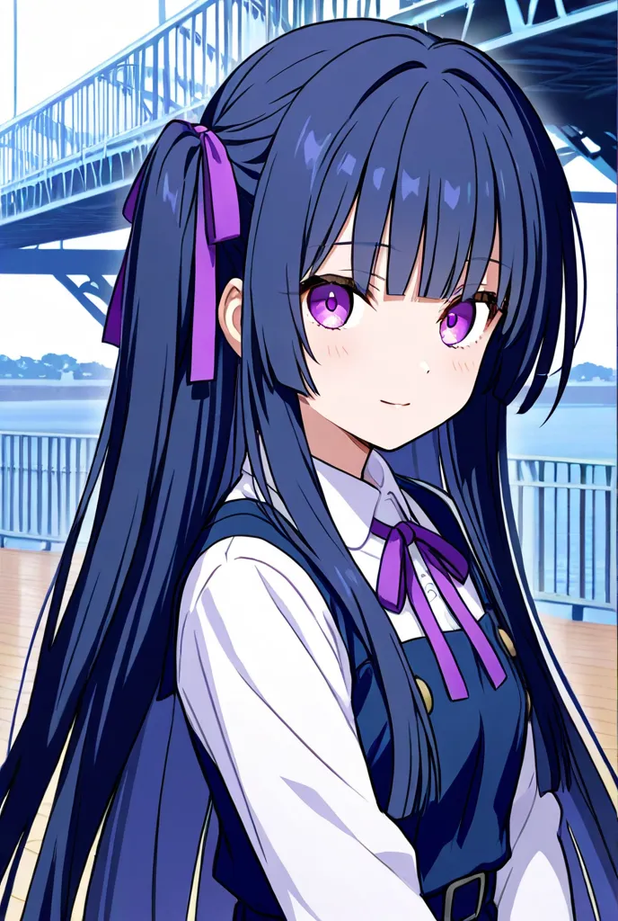 dark blue left white bridge long wave half bundle hairstyle with purple ribbon ,Put on a purple ribbon , purple eyes ,  inside the school 