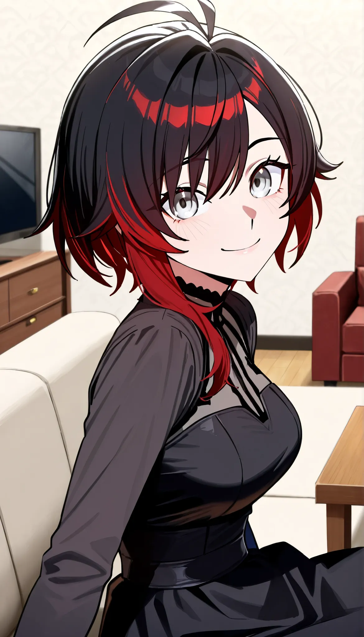 RubyR0se, 1girl, black hair, red hair, two tone hair, gray eyes, medium 32B breasts, black dress, indoors, living room, couch, sitting on couch, table, TV, looking at viewer, sitting sideways, smile, upper body, close-up of face, from side, score_9, score_...