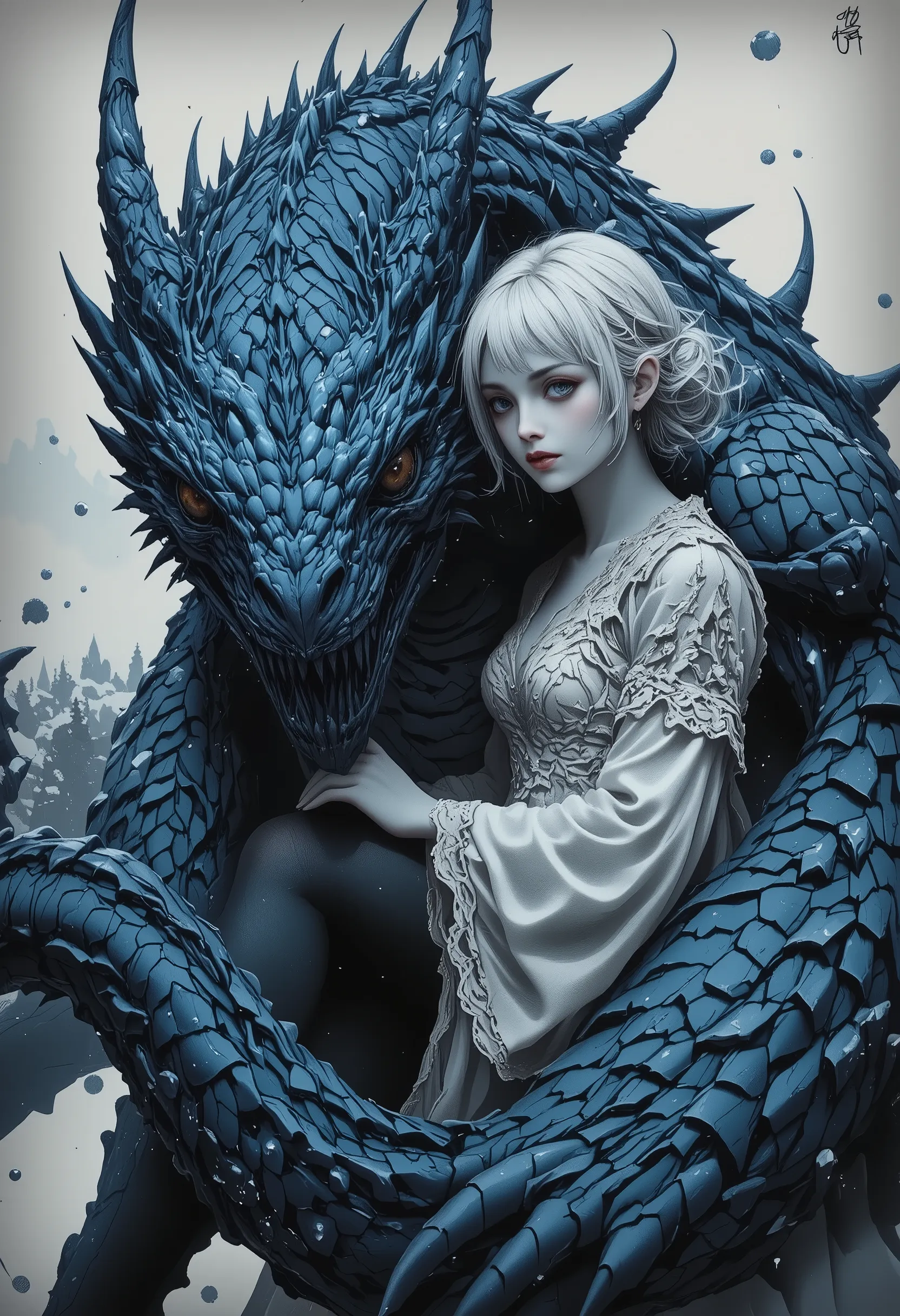 Fairytale-style portrait of a young girl with a dragon.  A , light-skinned, with shoulder-length, white hair in a bun, displays a serene, almost wistful expression.  She's hugging a large, scaled, icy-blue dragon. The girl is dressed in a flowing, off-whit...