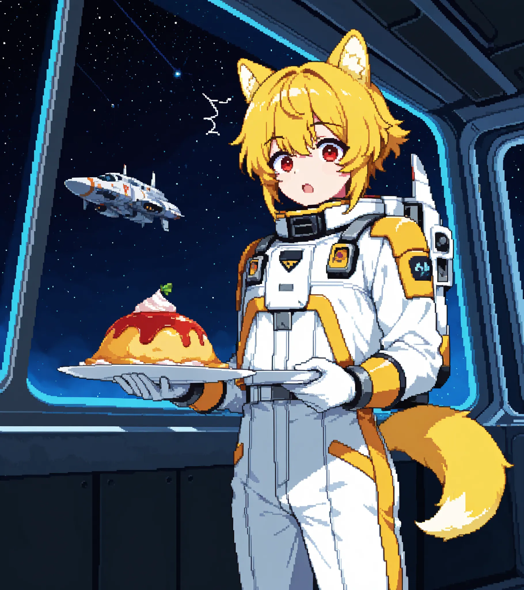 score_9, score_8_up, score_7_up, source_anime, solo, pixel art, kemonomimi, 1boy, solo BREAK 

Dog ears and tail, yellow hair, short hair, red eyes, yellow ears, yellow tail BREAK 

Space_suit , white suit , space helmet BREAK 

Looking at viewer, surprise...