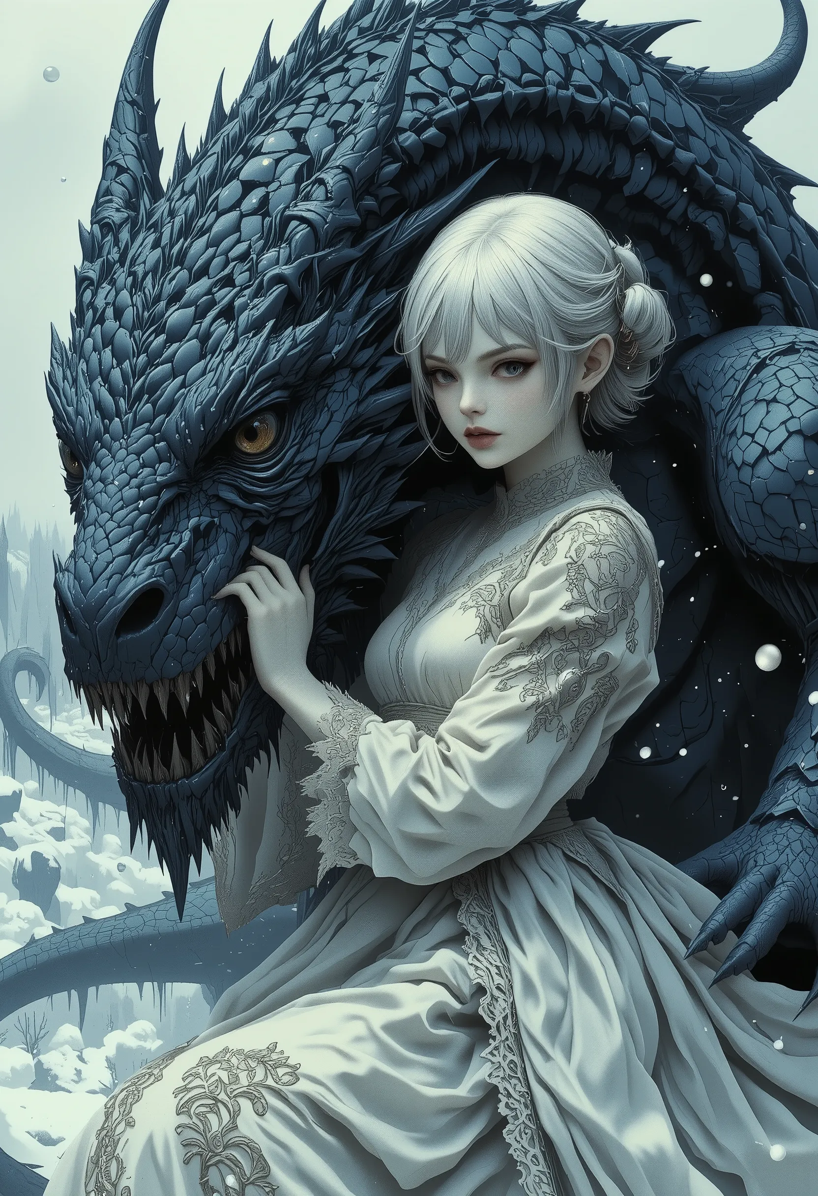 Fairytale-style portrait of a young girl with a dragon.  A , light-skinned, with shoulder-length, white hair in a bun, displays a serene, almost wistful expression.  She's hugging a large, scaled, icy-blue dragon. The girl is dressed in a flowing, off-whit...
