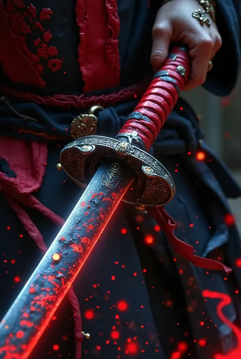((( A lethal sword with blinding metal with details and Japanese writing vision and composition of the sword seen from the bottom up 65% vertical position , details on the matte red sword handle with a curled black ribbon , it rains in the region and toge...