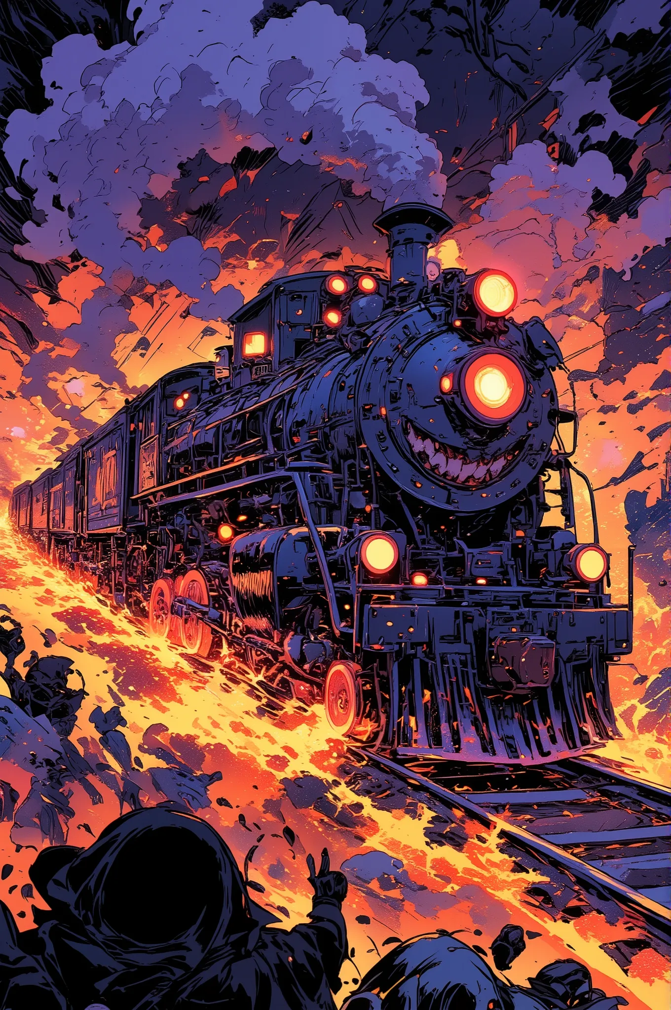a cartoon-style demonic express train racing through a surreal hellscape, the train has monstrous faces on its front and sides, spewing flames and smoke, with glowing red wheels and laughing skulls for headlights, the name “シュシュぽぽ” is painted in bold, exag...