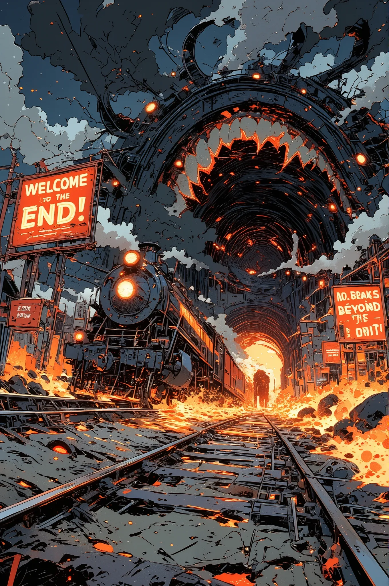 cartoon-style scene of a monstrous demon train labeled “SHUSHU-POPO” speeding toward a gigantic tunnel shaped like a screaming devil's mouth, sharp fangs forming the tunnel entrance, hellish flames and smoke trail behind the train, exaggerated motion lines...