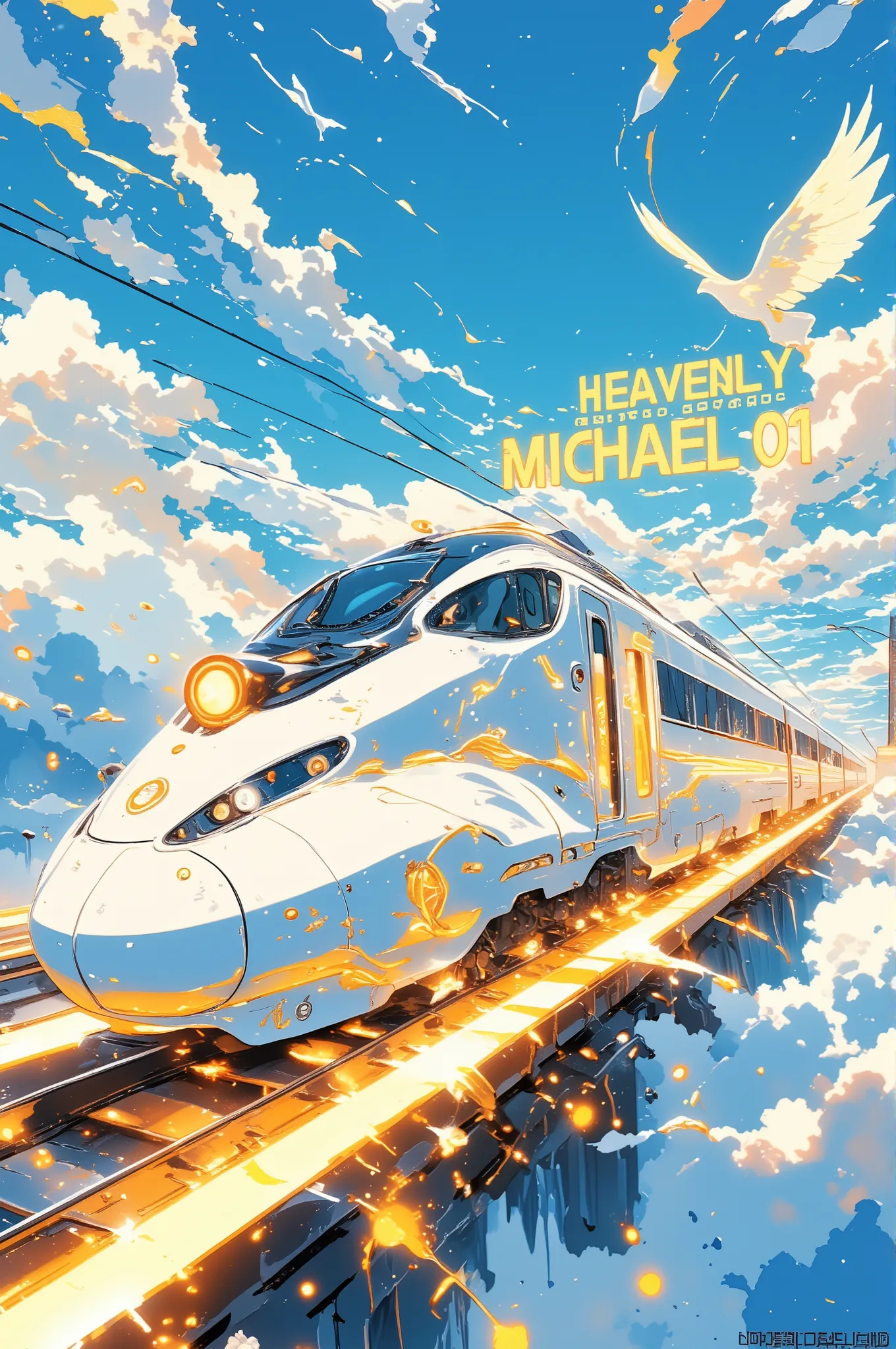 cartoon-style fantasy scene, a dazzling white bullet train labeled “MICHAEL-01” flying along glowing golden rails in the sky, the train is sleek and futuristic, decorated with shining angel wings, glowing halos, and holy symbols, the front car features a g...
