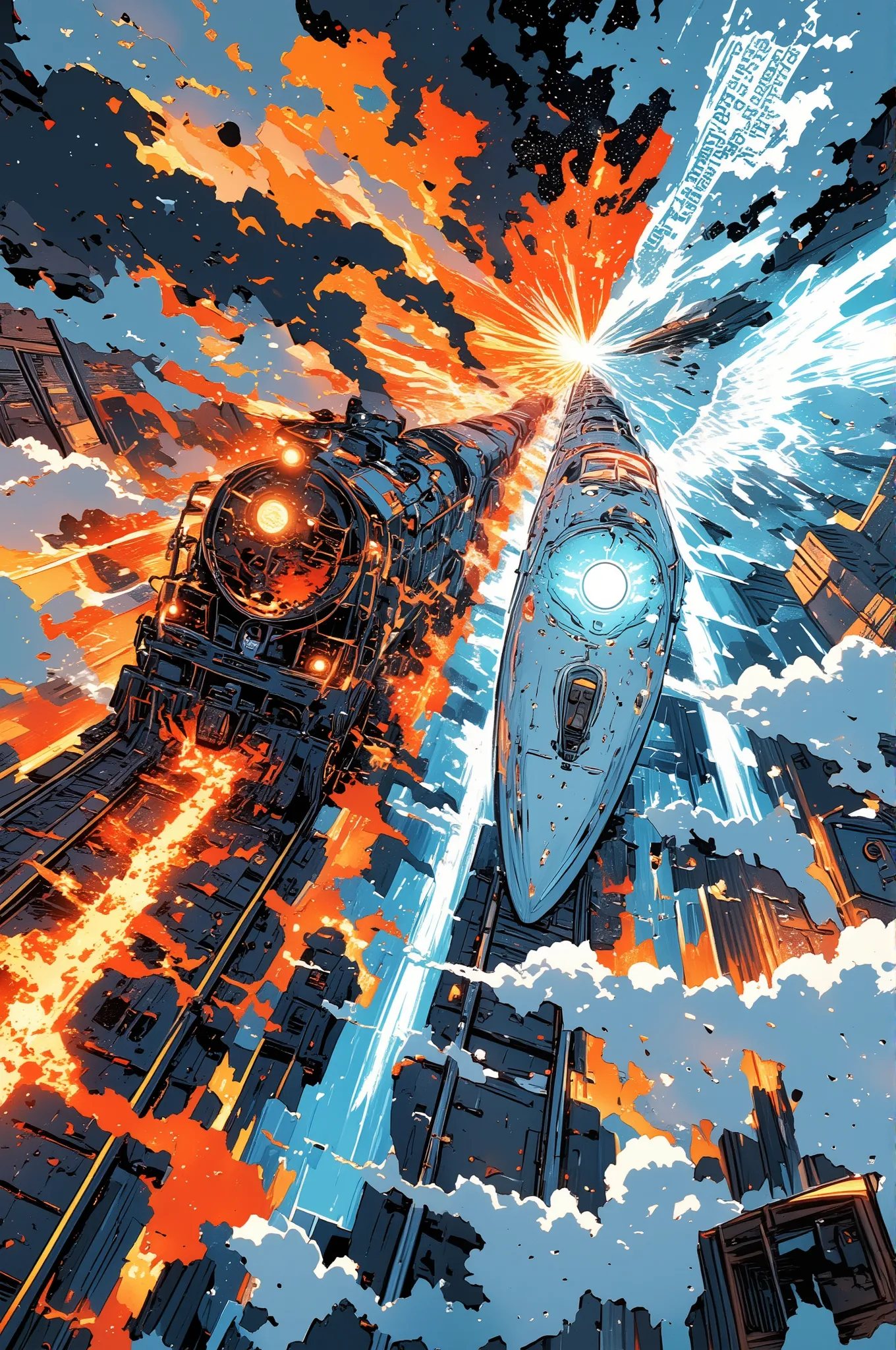 cartoon-style fantasy scene, side-by-side race between two magical trains soaring through the sky, the infernal express train “SHUSHU-POPO” covered in flames, skulls, and screaming faces, on blazing red rails, next to the divine bullet train “MICHAEL-01” g...