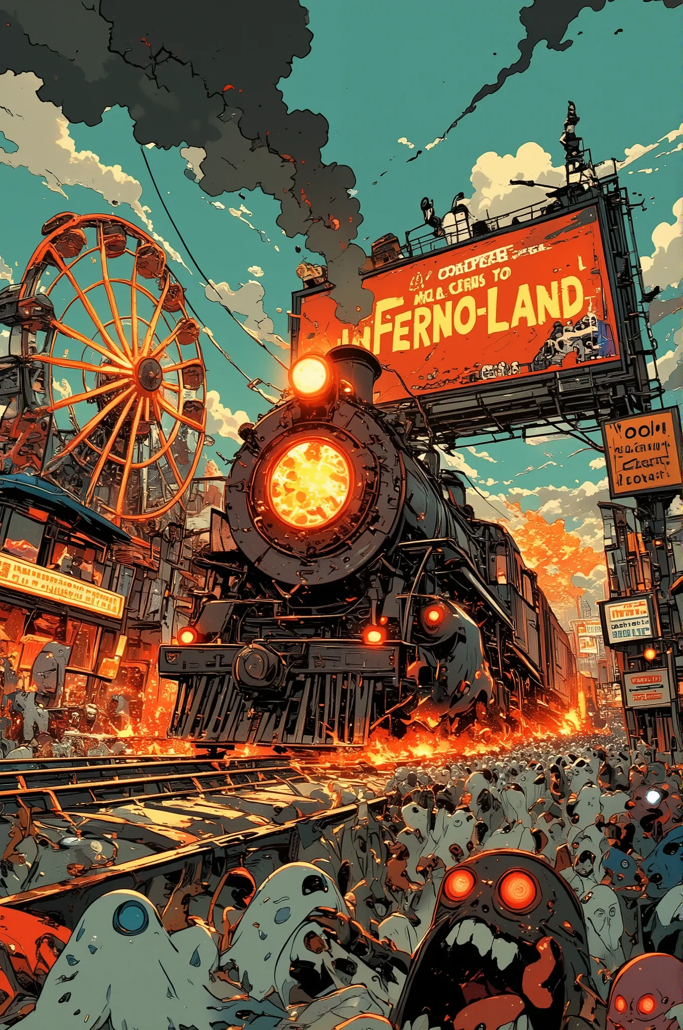 cartoon-style fantasy scene, the hell express train “SHUSHU-POPO” arrives at an infernal amusement park named “InfernoLand”, full of bizarre attractions: a flaming Ferris wheel made of bones, a scream-powered roller coaster, and a lava-spitting carousel, c...