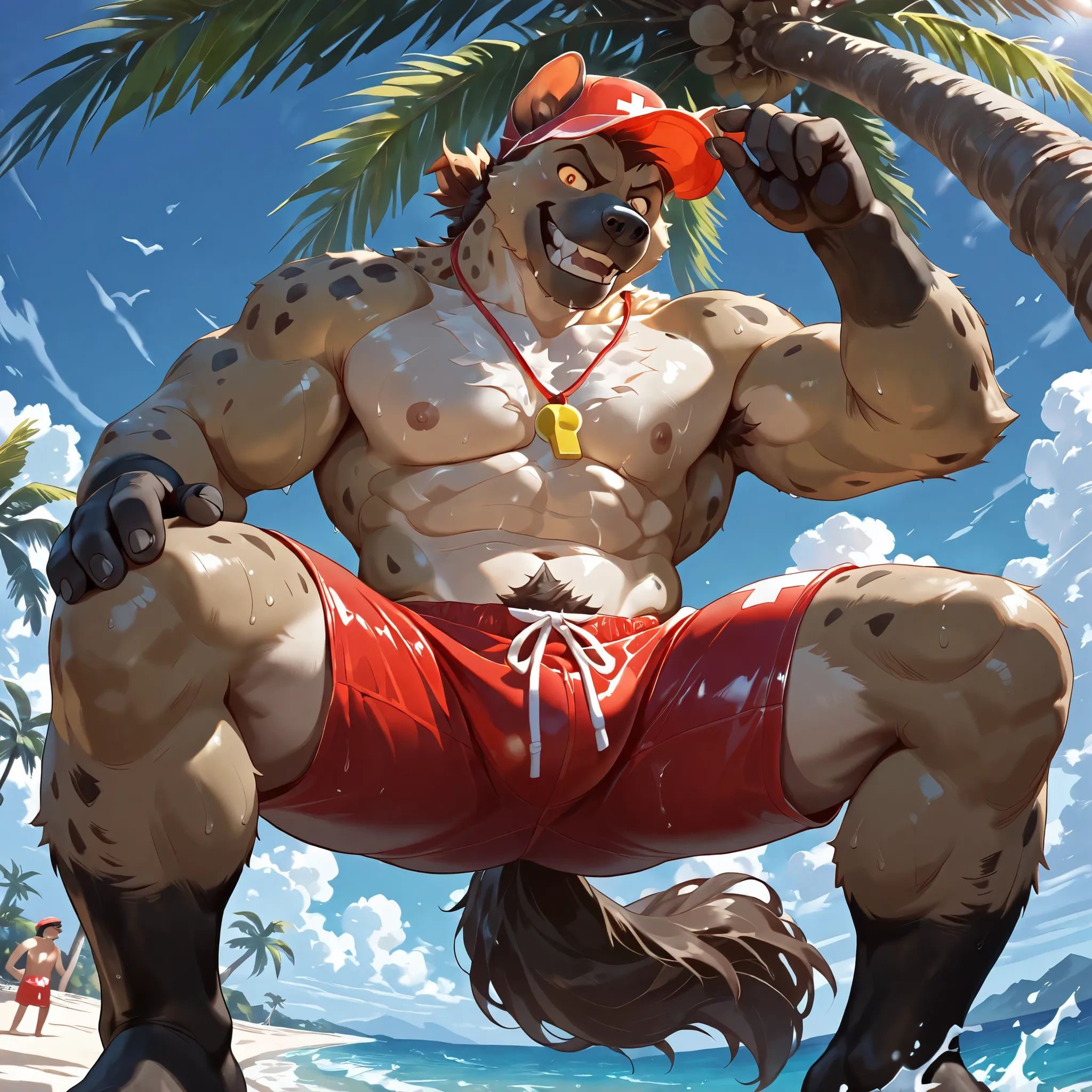 Best Quality, high quality, ultra high resolution,(Delicate Eyes), Exquisite Face ,handsome,5 Fingers,paw,(hyena),(Orange eyes),fluffy hair,nipple,pubic hair,Thin body,Red Triangle Swim Pants,Abdominal muscles,Red Hat,Lifeguard,Yellow Whistle,Raypon Sungla...