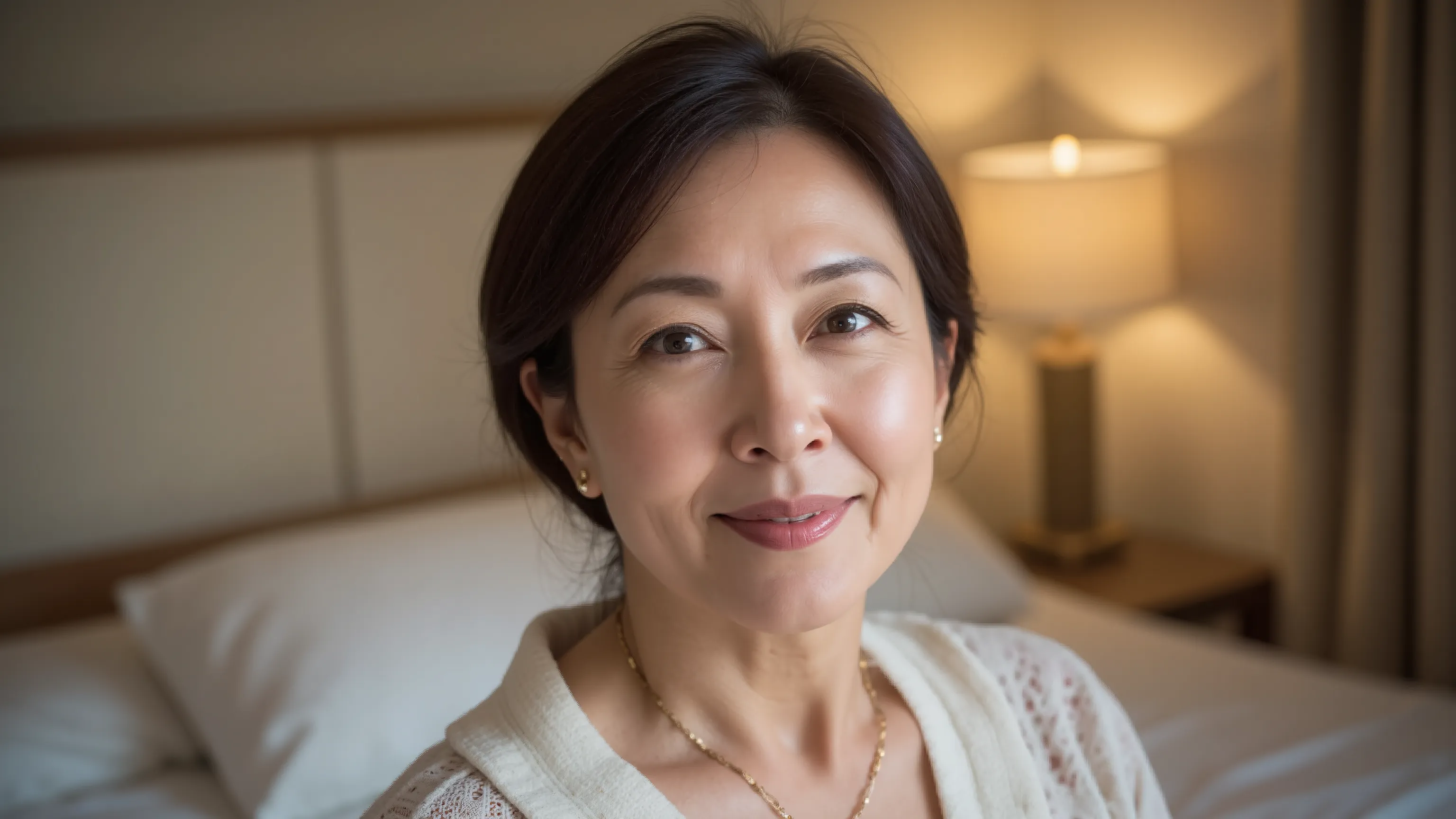 A 50-year-old middle-aged woman、In a softly lit room、In pajamas。in the bedroom with a relaxed atmosphere、the bedside lamp is warmly lit in the background、depicts a “sense of security and inclusiveness” as an emotion、the focus is on a woman's eyes。
