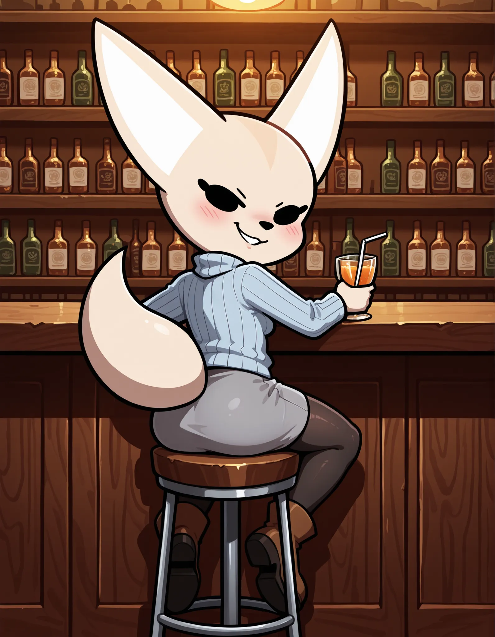 zZFenneko, ((very light blue turtleneck sweater)), (gray short skirt), black pantyhose, brown boots, from behind, looking back, smirking sitting on stool, at bar, drink in hand