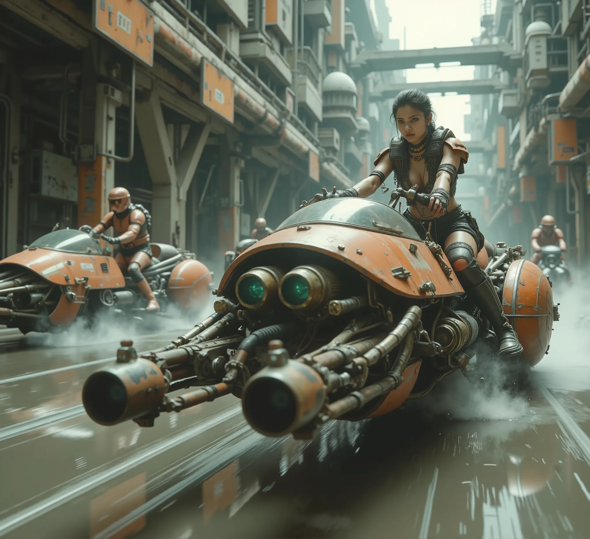 cinematographic photography using the rule of thirds and composition on planes Side photo full body shot counterposed, soft light, unmarked contrasts, a retrofuturistic motorcycle (Speeder bike) Flying ( bike) inspired by motorcycles with low frame and hu...