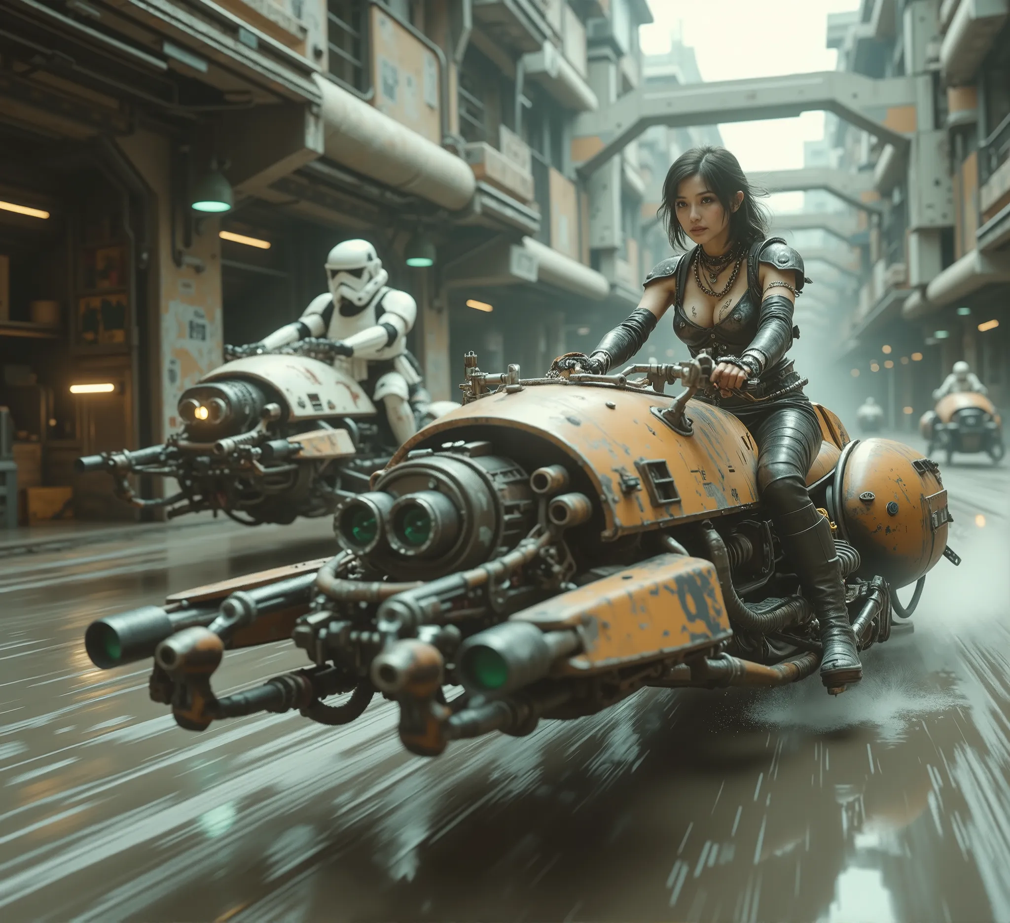cinematographic photography using the rule of thirds and composition on planes Side photo full body shot counterposed, soft light, unmarked contrasts, a retrofuturistic motorcycle (Speeder bike) Flying ( bike) inspired by motorcycles with low frame and hu...