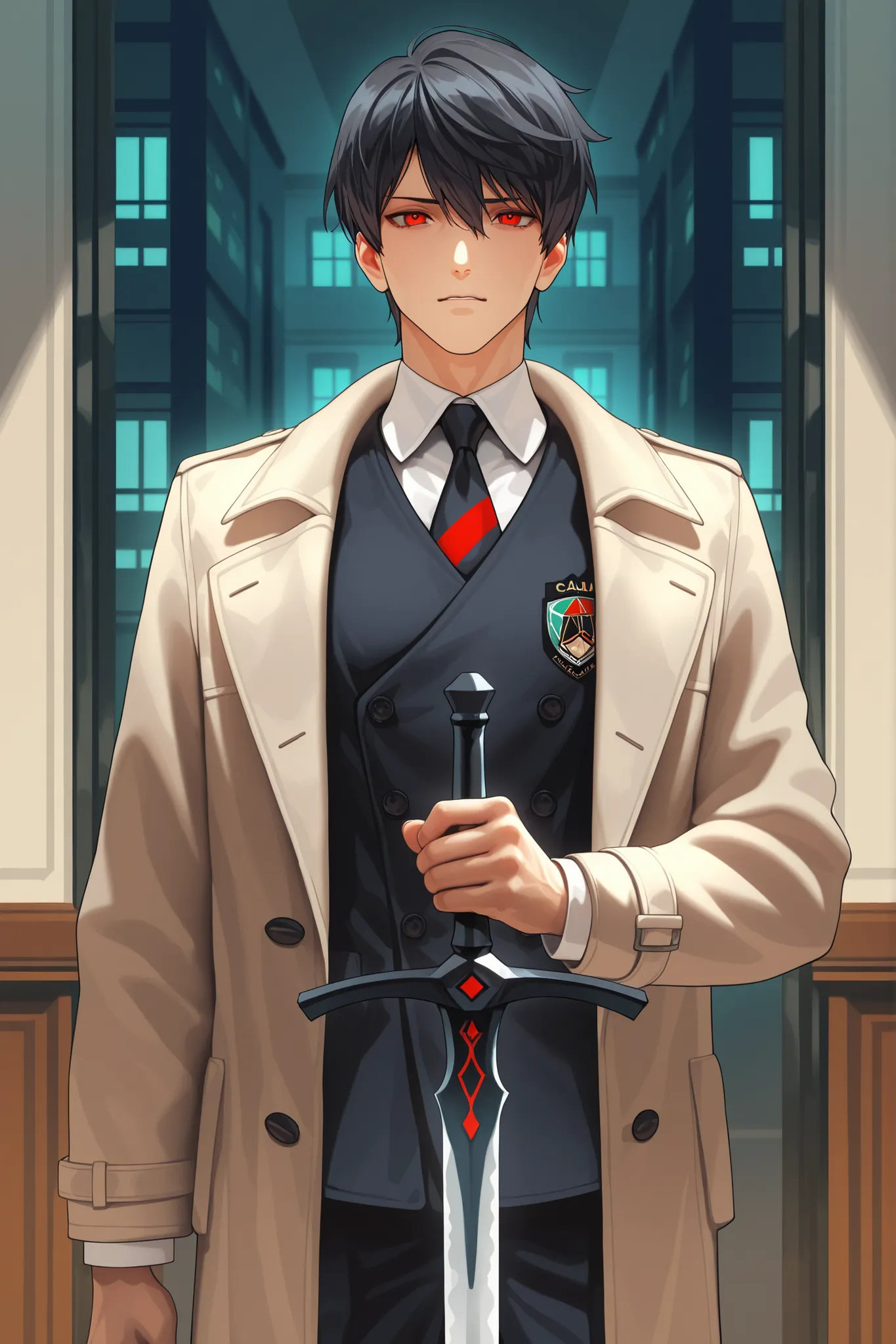 A 18th young man with black hair and red eyes, calm expression, calm face, holding A plain black sword with a one hand, wear academy uniform and coat, standing in front of a academy building in the background