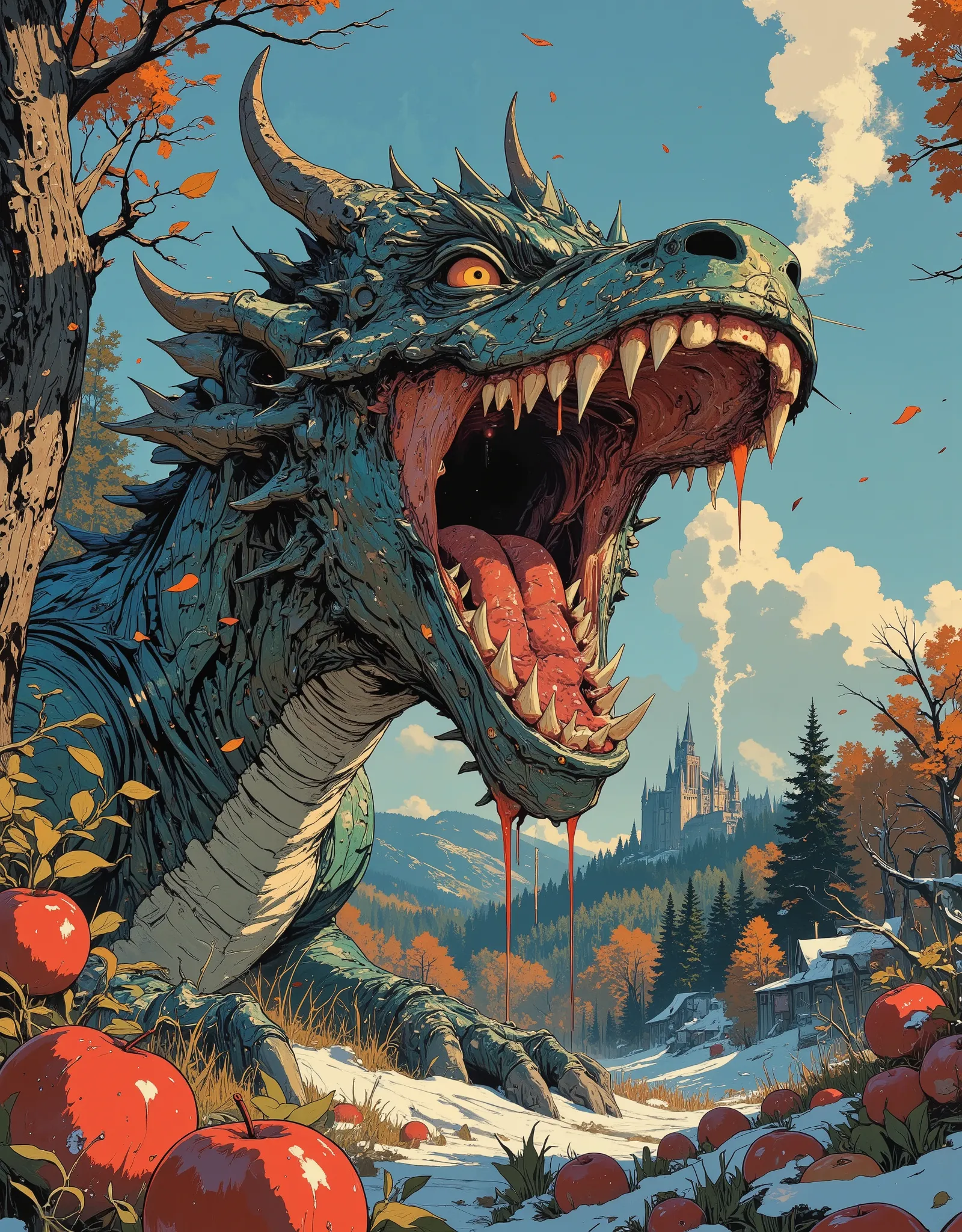 A low angle looking vertically up at the full—length figure of the huge final antagonist - a huge, terrifyingly beautiful fantastic dragon covered with iridescent mirrored holographic scales that shimmer brightly in the sun. He is pictured in the garden in...
