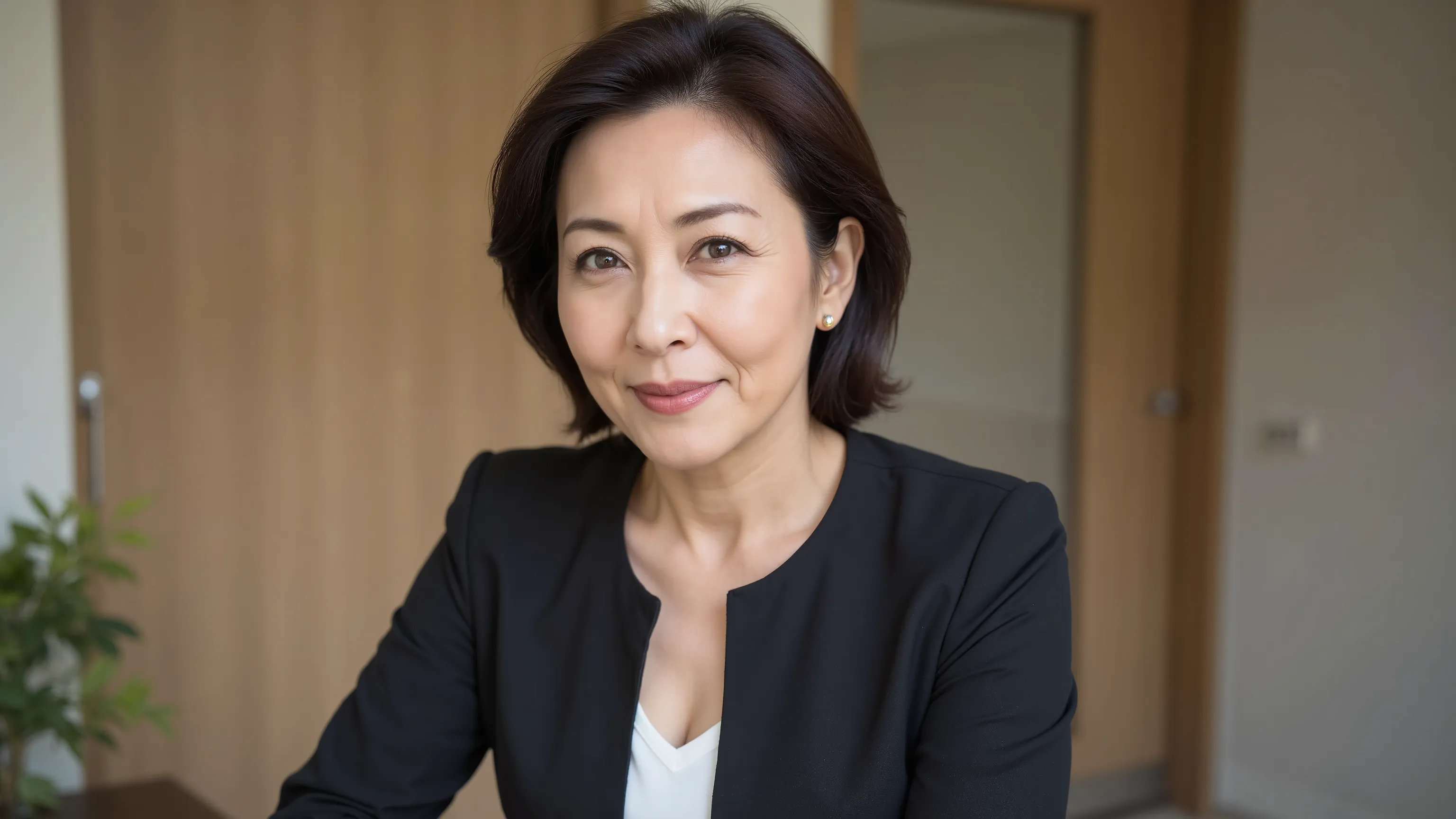 ６0 year old middle-aged woman、the focus is on a woman's eyes。((最High Definition、8k、masterpiece: 1.3))、Realistic、Sharp Focus、High Definition、high resolution、portrait、solo、Japan、Clothes that show cleavage、plump、Wave Hair、business suit、 wrinkles on the outer ...