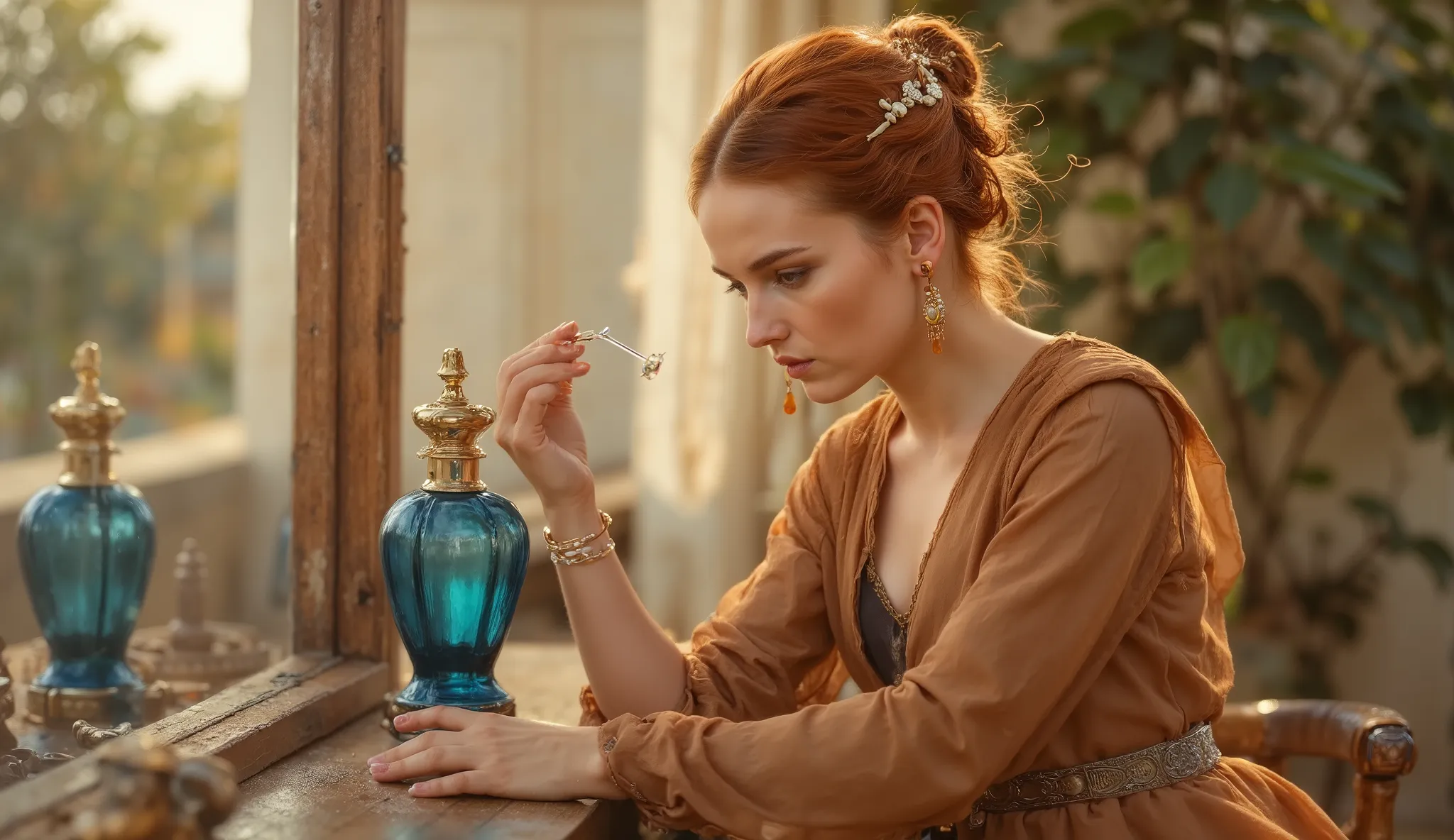 A Greek aristocrat at her dressing table, applying perfume from an elegant blue glass alabastron with gold accents. She wears a transparent amber silk chiton over a darker underdress, with a gold belt cinching her waist. Her reddish hair is half-tied with ...