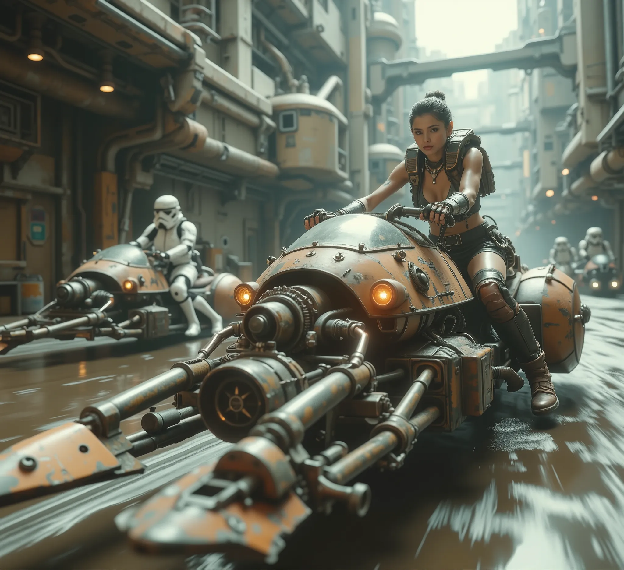 cinematographic photography using the rule of thirds and composition on planes Side photo full body shot counterposed, soft light, unmarked contrasts, a retrofuturistic motorcycle (Speeder bike) Flying ( bike) inspired by motorcycles with low frame and hu...