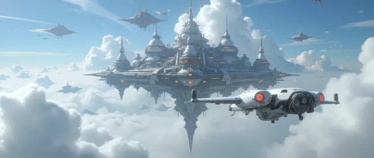 A flying city with domes is slowly moving among the clouds, A low drone is watching it from above and is slowly approaching it, photorealistic style with bright daylight.