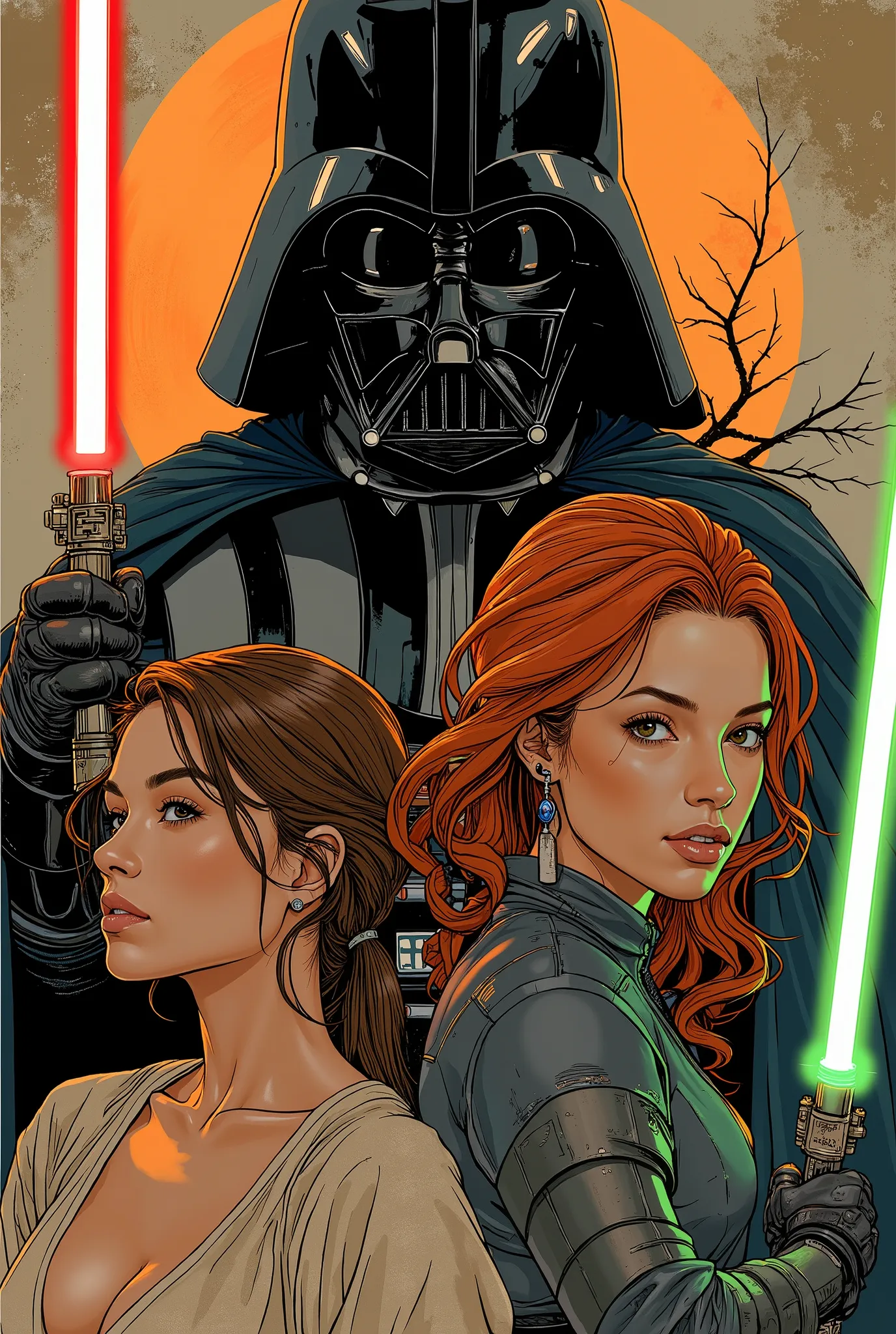 Score_9, score_8_up, score_7_up, ((highest quality)), ((masterpiece)), Perfect Face, (High definition), (Best Shadow), 8k, cinematic. Luis Royo's style, comics sexy art. In the background a powerfull Darth Vader with red lightsaber, on the left (2)a Sith s...