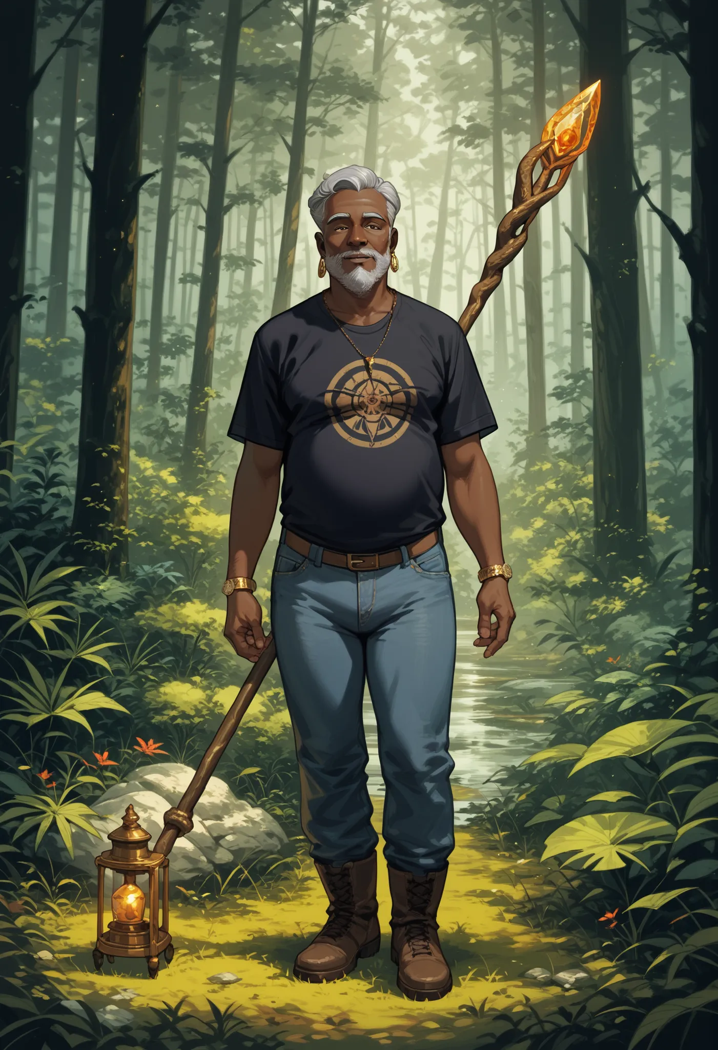 , score_9,score_8_up,score_7_up, mature men, male character, elderly African man, gray hair and beard, eyes with an incandescent glow, wearing a long-sleeved t-shirt, jeans and boots, hands resting on a mystical staff in front of him, stand in a dense fore...
