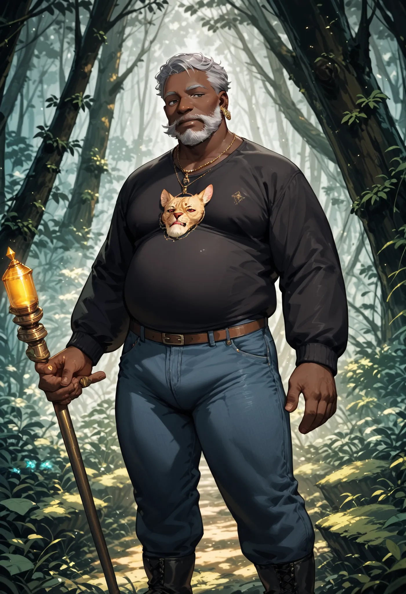, score_9,score_8_up,score_7_up, mature men, male character, elderly African man, gray hair and beard, eyes with an incandescent glow, wearing a long-sleeved t-shirt, jeans and boots, hands resting on a mystical staff in front of him, stand in a dense fore...