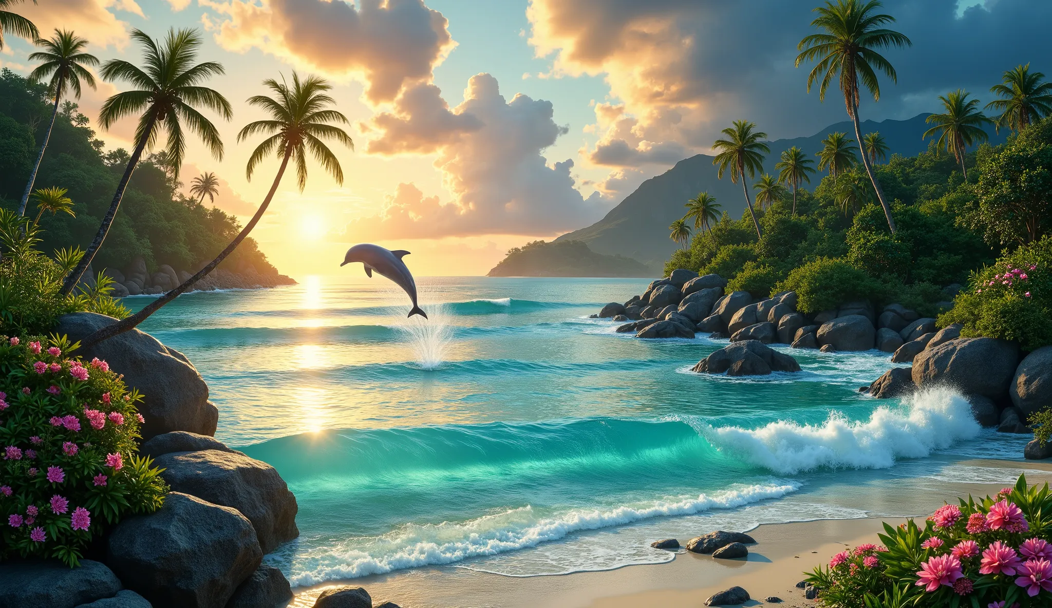 tropical island paradise, beautiful isolated lagoon, dolphin leaping in the distance, cinematic,photorealistic,4k,masterpiece,extremely detailed,hyper realistic,intricate details,stunning scenery,gorgeous tropical landscape,crystal clear turquoise waters,l...