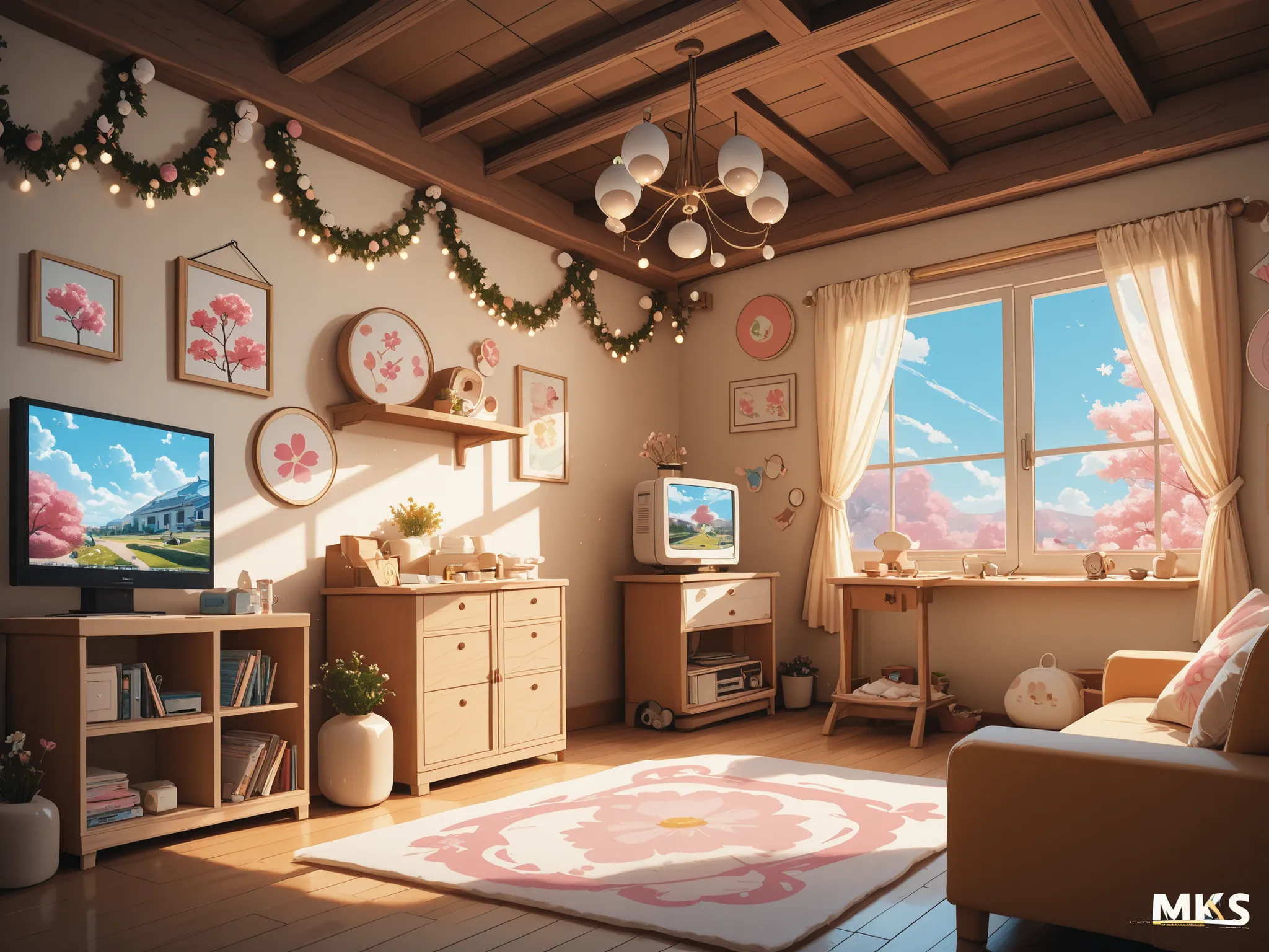 Conceptart,Concept Art,Samia, room, scenery, tv, spring is coming, indoors, spring season, sky, day, wall decorations, flour decorations, mksks style, best quality, perfect