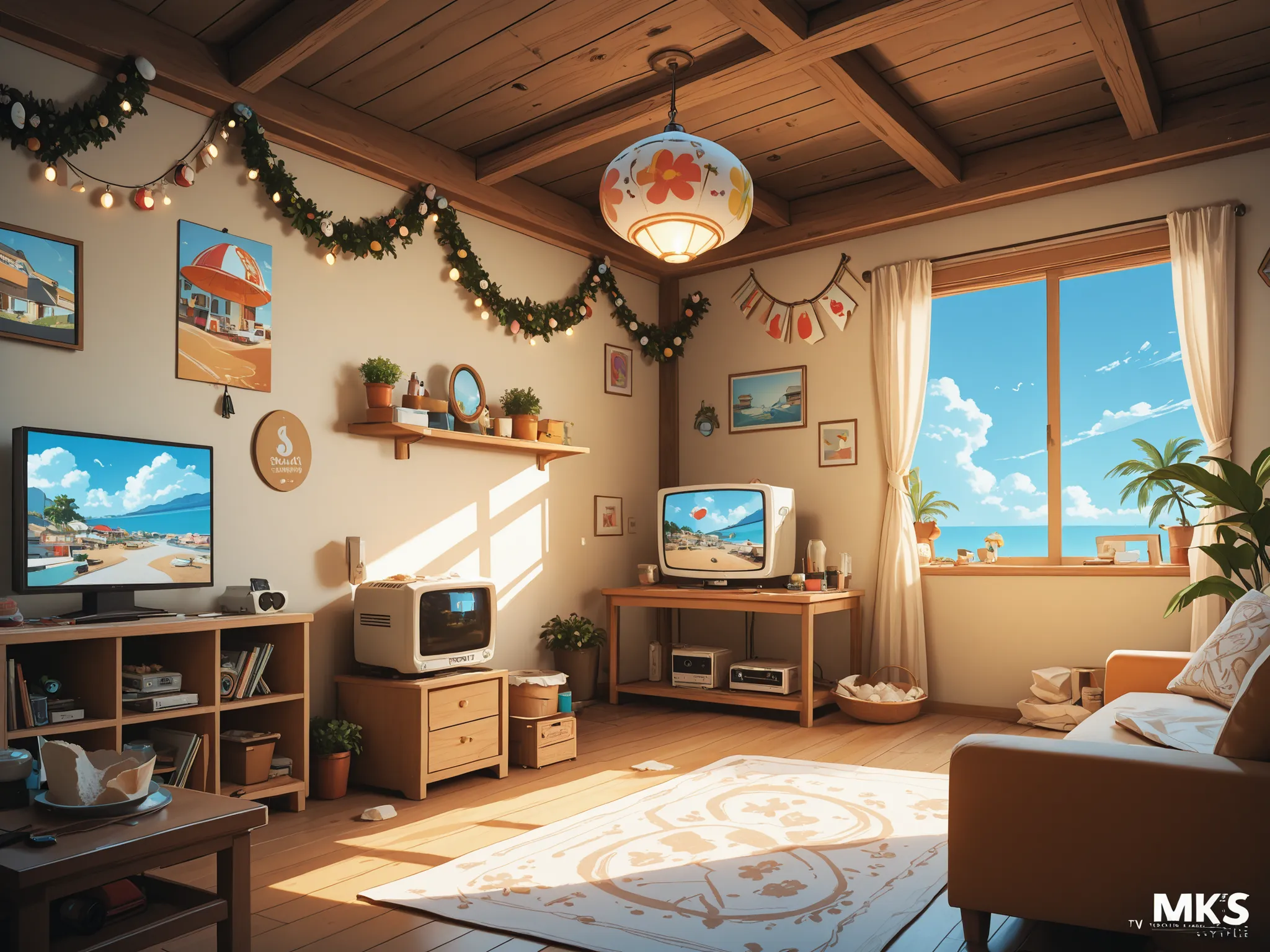 Conceptart,Concept Art,Samia, room, scenery, tv, summer is coming, indoors, summer season, sky, day, wall decorations, flour decorations, mksks style, best quality, perfect