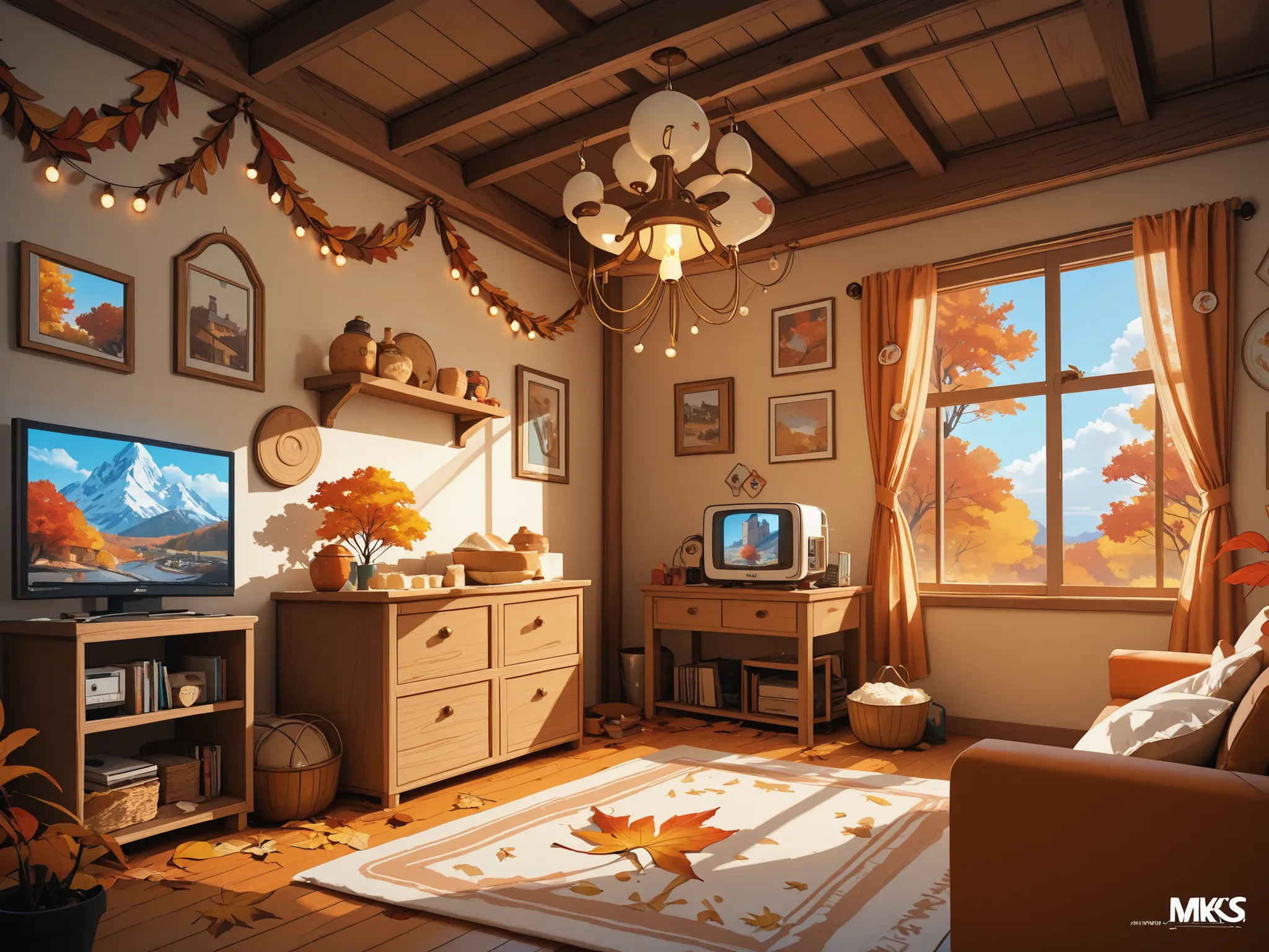 Conceptart,Concept Art,Samia, room, scenery, tv, autumn is coming, indoors, autumn season, sky, day, wall decorations, flour decorations, mksks style, best quality, perfect