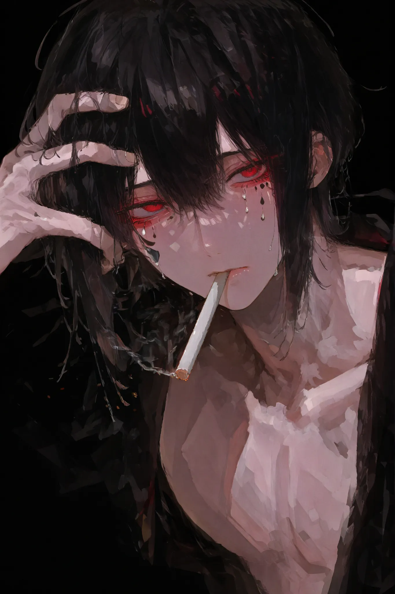 oil、 boy、black background、白髪の boy、cool、close-up、beautiful、black hair、red eyes、teardrop-shaped makeup、 cigarettes、cigarette, hand in hair, sexy, at viewer