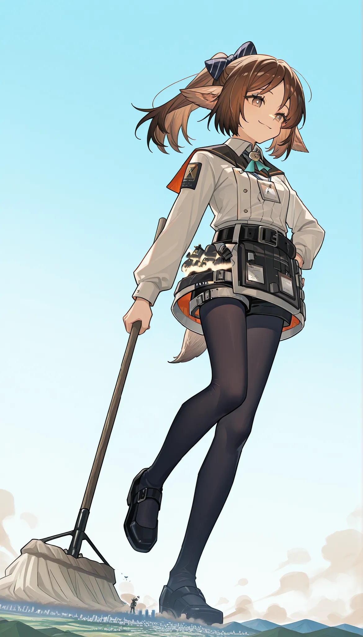 score_9, score_8, score_7, solo, solo girl, One woman, perfumer_\(species_plantarum\)_\(arknights\), brown hair, ponytail, hair bow, brown eyes, collared shirt, black pantyhose, belt, id card, black shorts, holding mop, (giantess:1.4), Bend one leg, I'm cl...