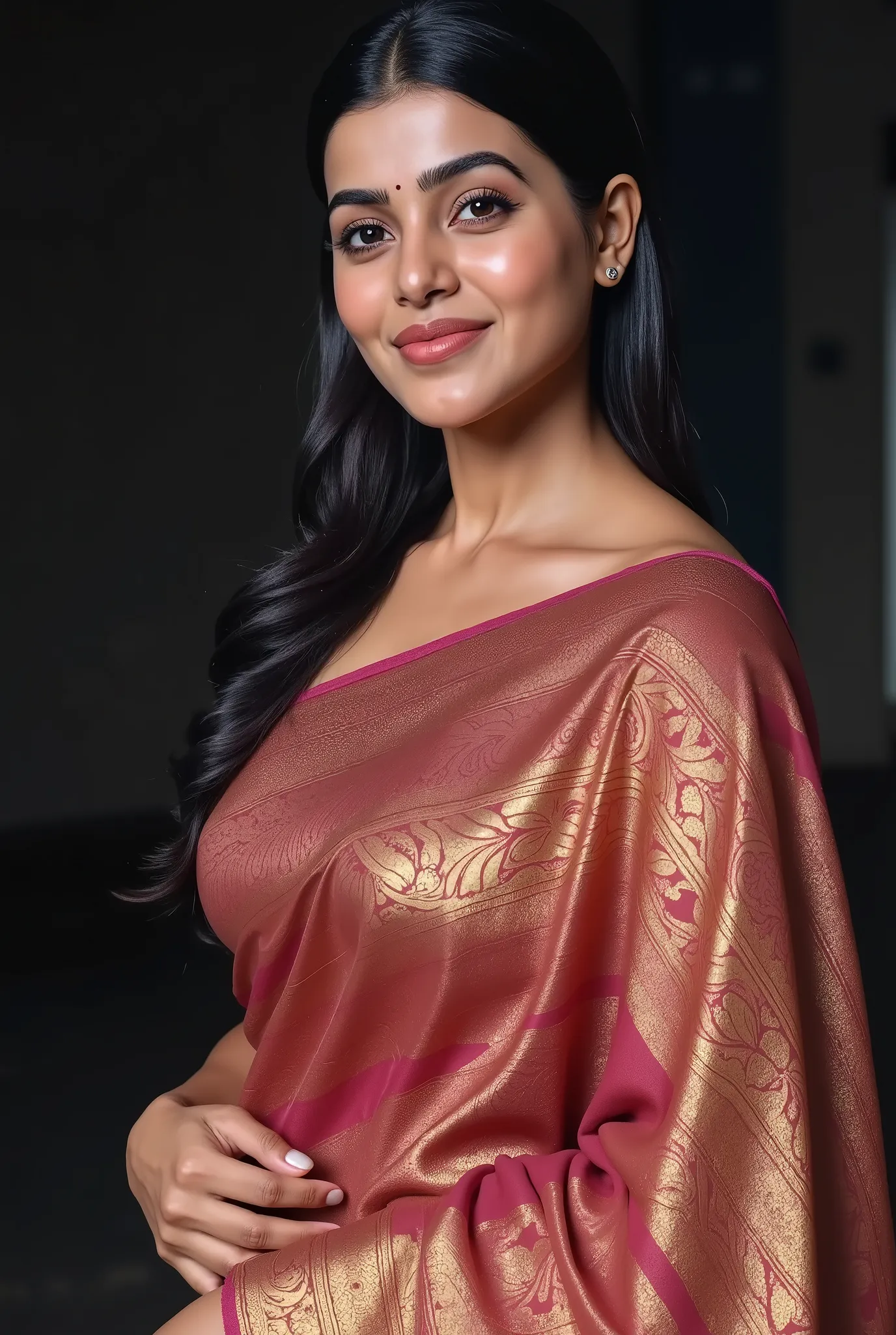 Create a hyper-realistic image of a 33-year-old Indian woman named Sumi. She is depicted as divine and beautiful, with expressive eyes, glowing fair skin, and long, wet, dark hair cascading over her shoulders. She wears a traditional Indian saree, clinging...