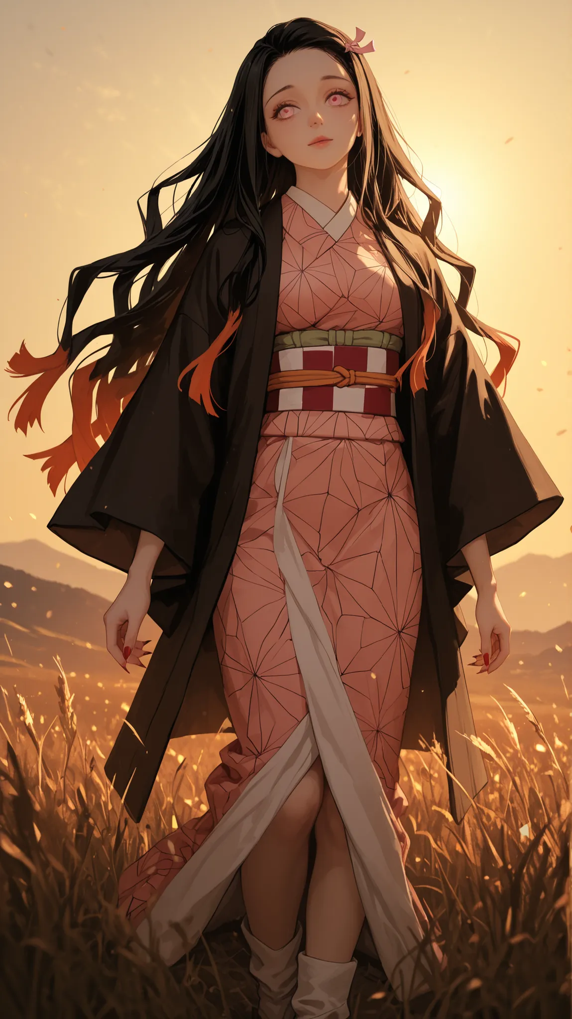 "8K ultra HD, semi close up view, cinematic wallpaper-style illustration of a young woman inspired by Nezuko Kamado from Demon Slayer, captured with a dynamic camera angle (slightly low, upward tilt). She stands alone in a vast sunlit grassland, chin raise...