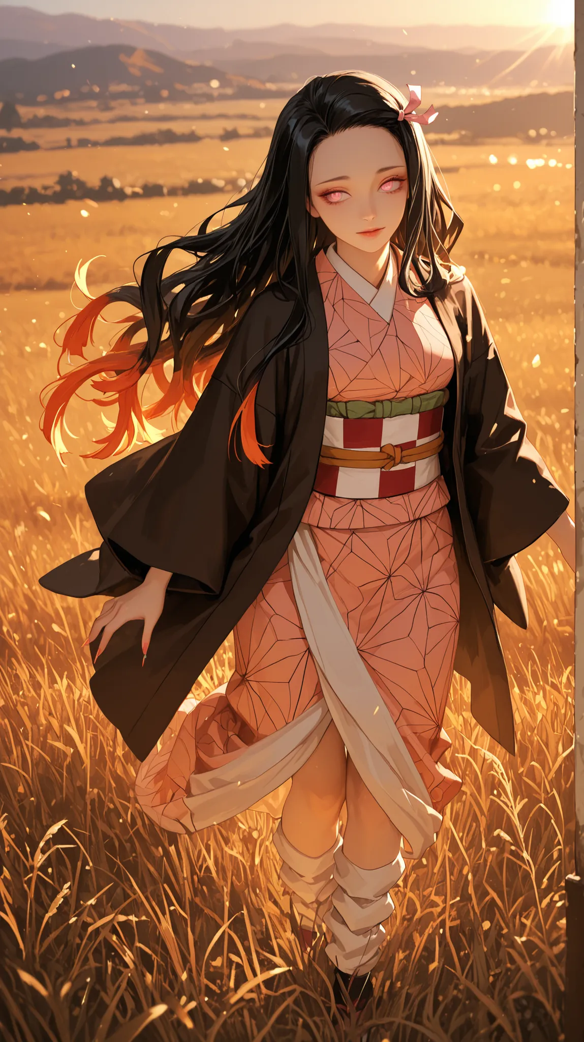 "8K ultra HD, semi close up view, cinematic wallpaper-style illustration of a young woman inspired by Nezuko Kamado from Demon Slayer, captured with a dynamic camera angle (slightly low, upward tilt). She stands alone in a vast sunlit grassland, chin raise...
