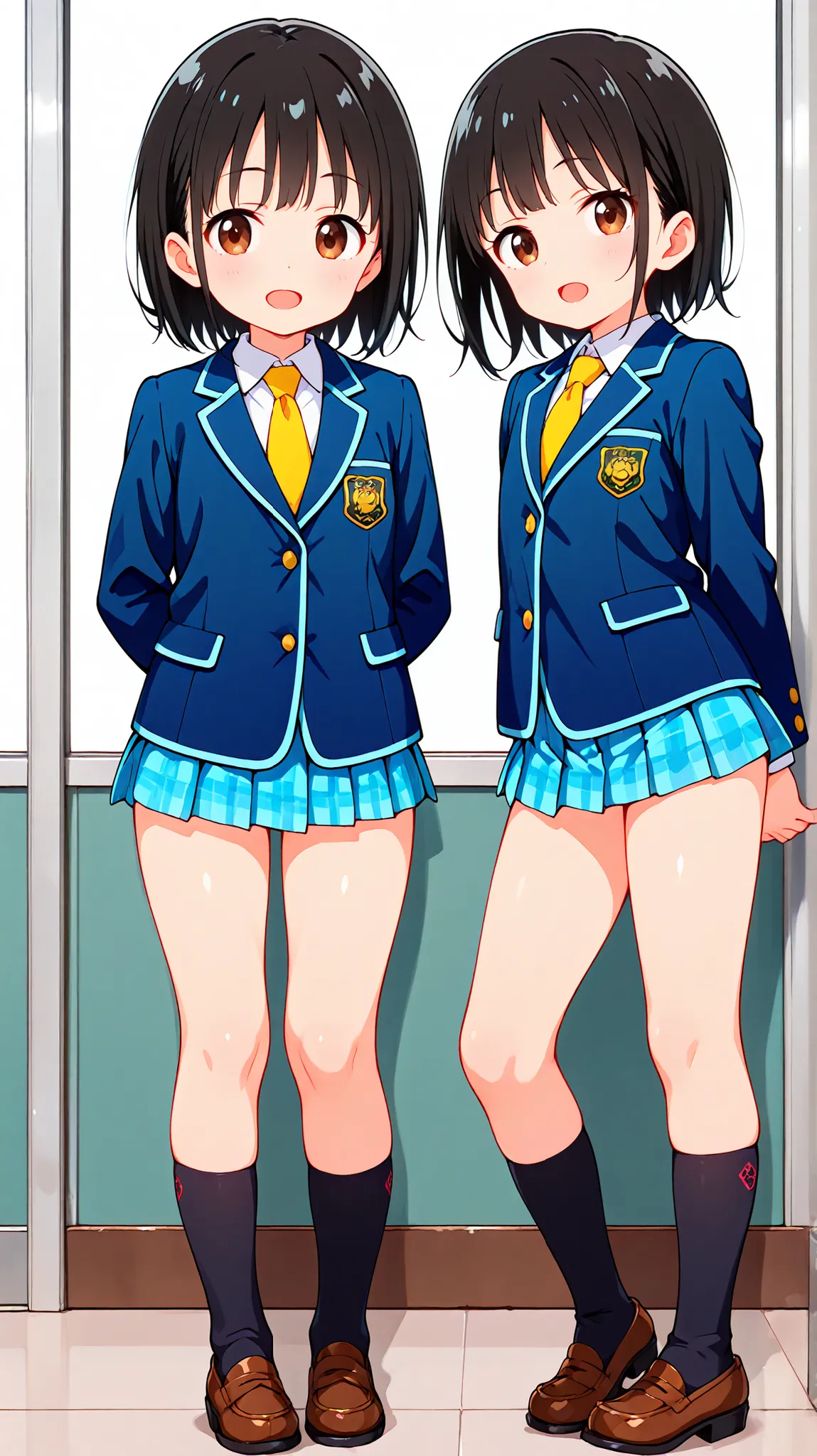 nsfw,(((anime style))),score_9, score_8_up, score_7_up,masterpiece, best quality,ultra detail,negishi masako,1girl,((solo)),short hair,black hair ,long bangs,brown eyes,round eyes,(Flat Chest),school uniform,(((blue blazer))),light blue checkered Pleated m...