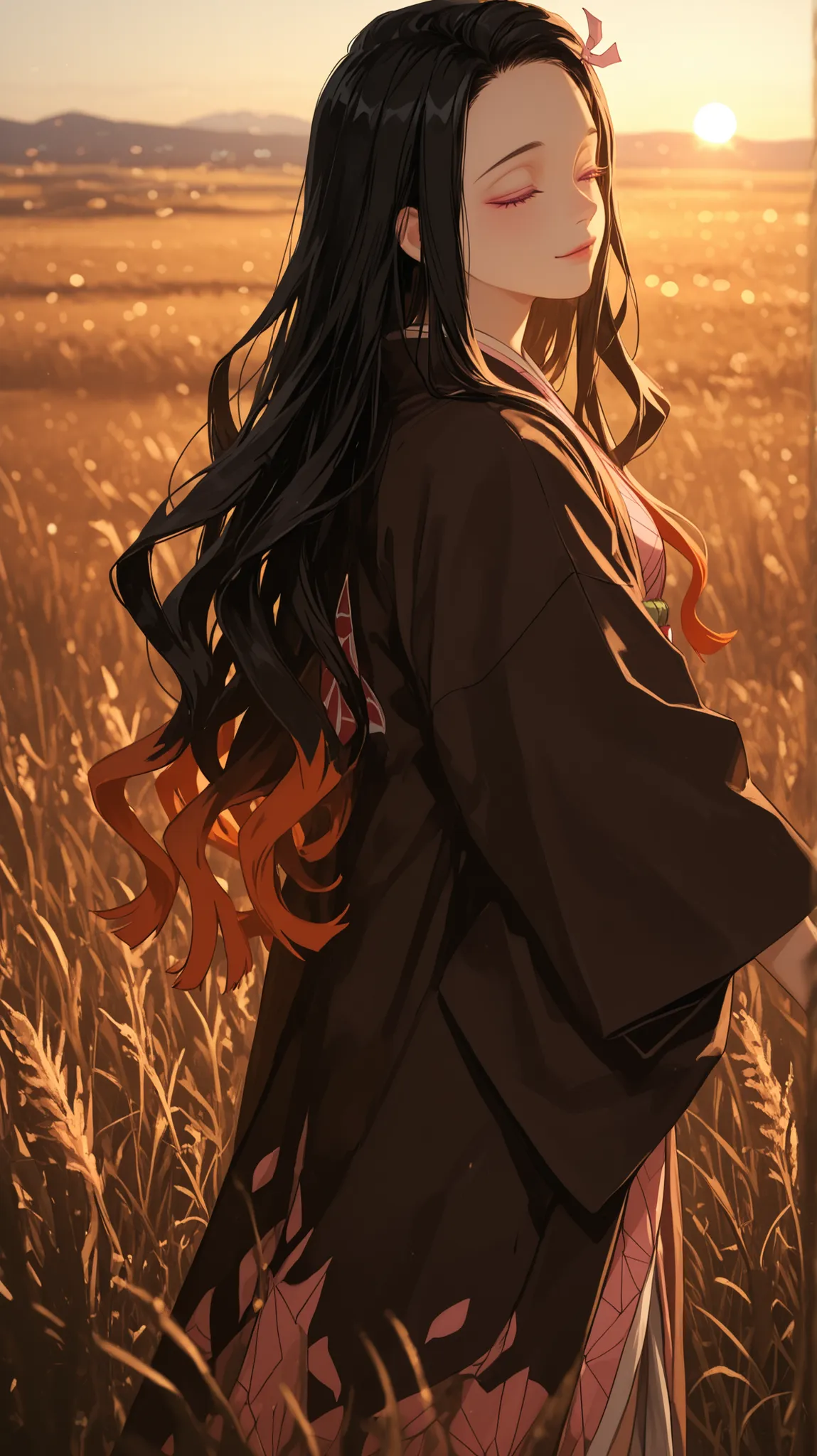 [chin up] [closed eyes] [standing] "8K ultra HD, semi close up view, cinematic wallpaper-style illustration of a young woman inspired by Nezuko Kamado from Demon Slayer, captured with a camera angle just above her. She stands alone in a vast sunlit grassla...