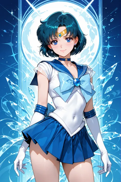 1girl, sailor mercury (sailor moon), short hair, blue hair, tiara, earrings, blue eyes, blue choker, blue sailor collar, blue bow tie, white shirt, elbow gloves, white gloves, pleated skirt, blue skirt, bare legs, standing, abstract background, looking at ...