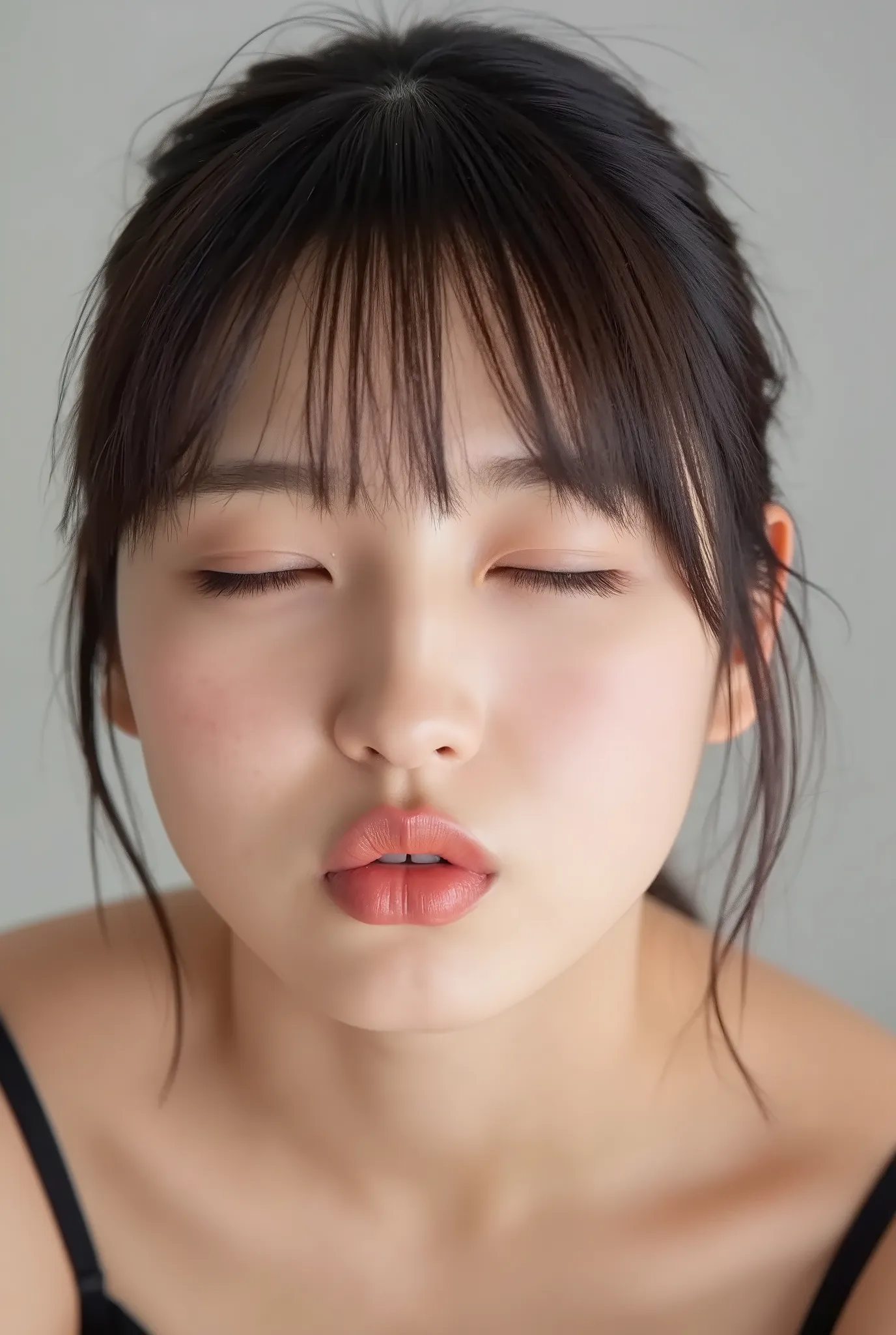 beautiful young woman, eyes closed, euphoric smile, extremely puckered lips, lips pushed far forward, tight kissy mouth, lips forming a sharp O-shape, exaggerated kiss face, heart-shaped lips, ultra glossy pink lips, flushed cheeks, ears blushing, black ca...
