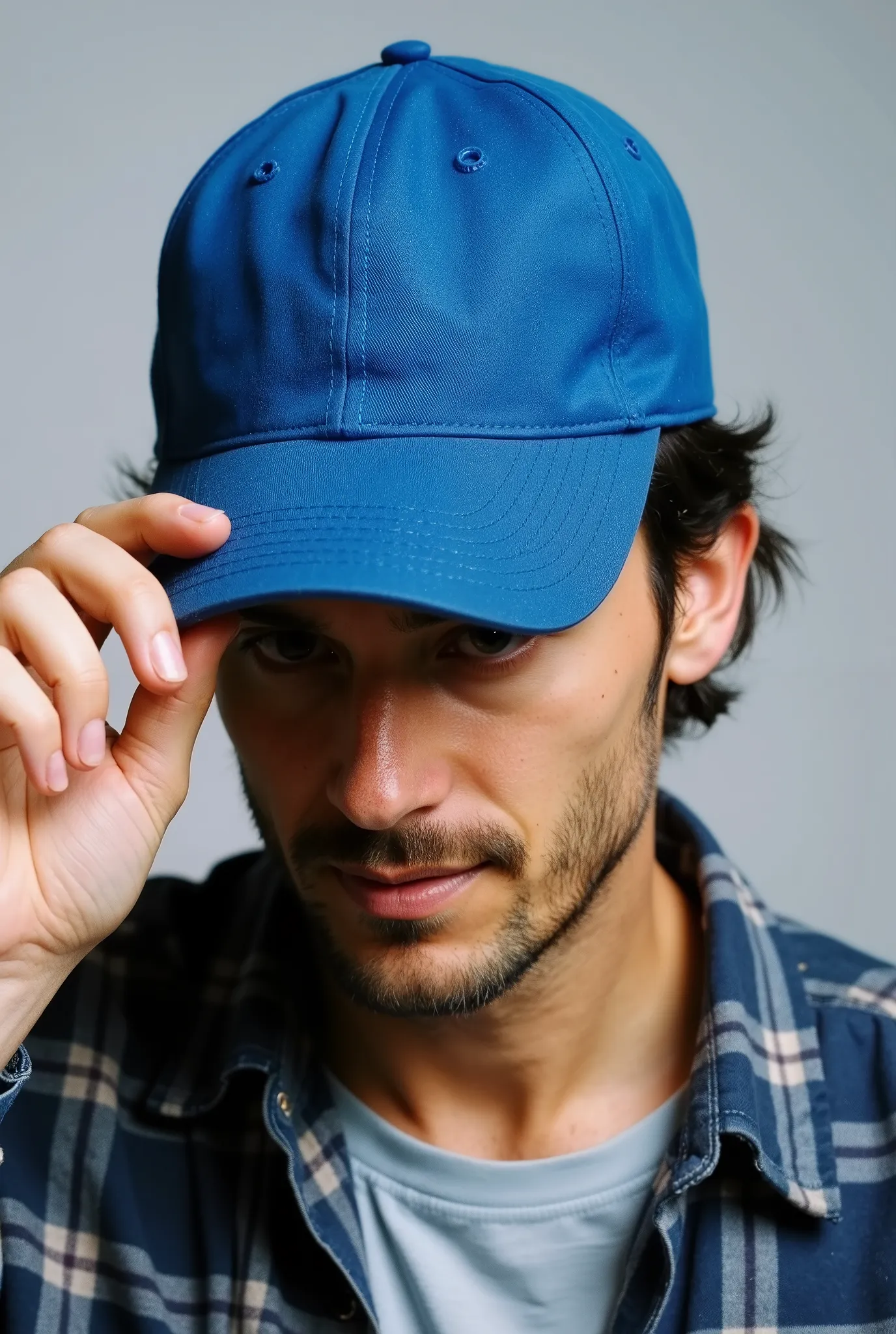 Close-up of a man wearing a simple blue cap and a plaid shirt, tilting the head slightly downward, while holding the cap brim with one hand. The background is simple and light gray . Your expression is relaxed and subtle, and his face is partially obscure...