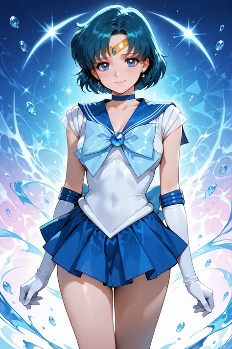 1girl, sailor mercury (sailor moon), short hair, blue hair, tiara, earrings, blue eyes, blue choker, blue sailor collar, blue bow tie, white shirt, elbow gloves, white gloves, pleated skirt, blue skirt, bare legs, standing, abstract background, looking at ...