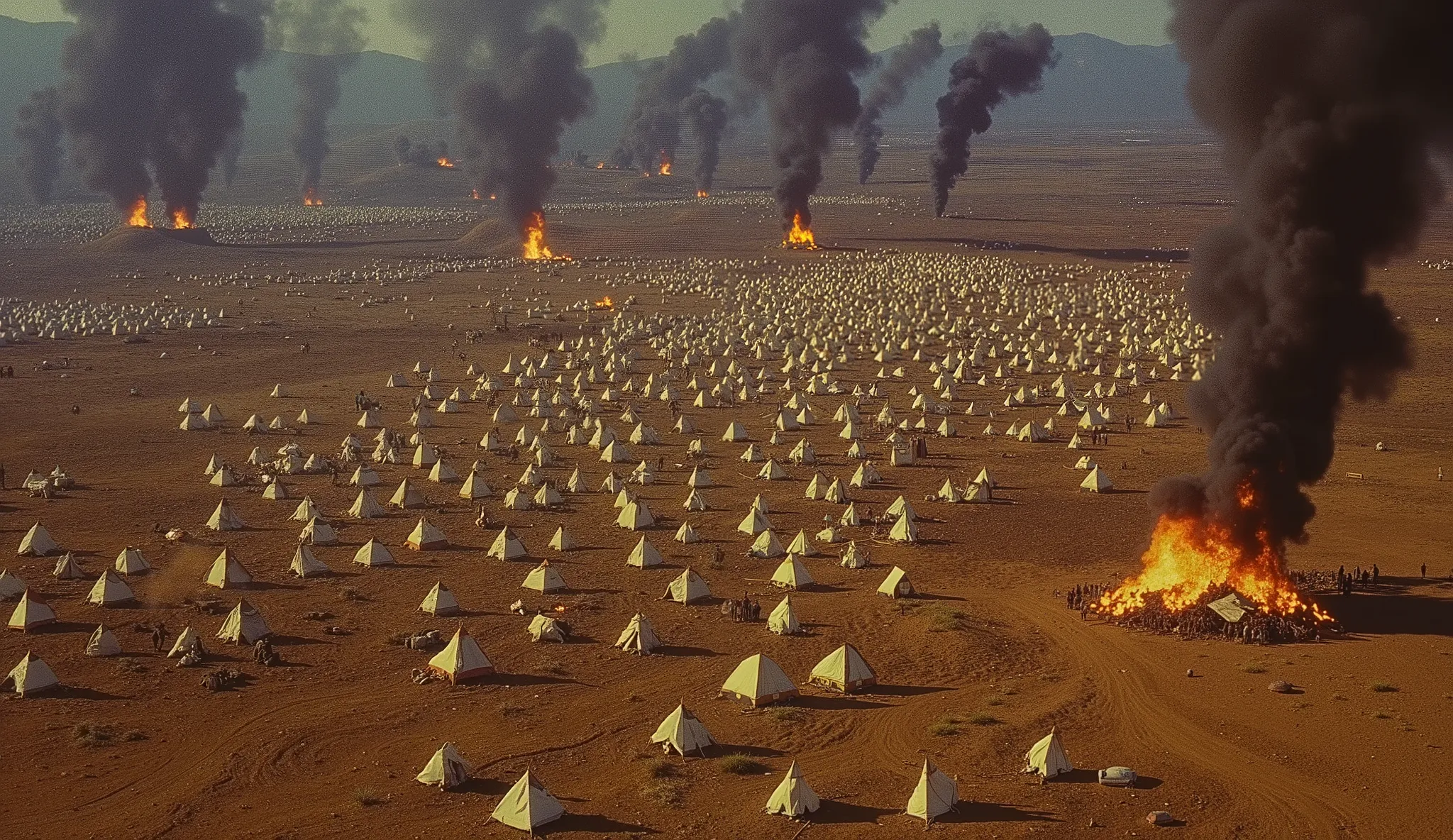 1950, Image is a wide-angle aerial view of a large, sprawling battlefield scene. The landscape is filled with numerous triangular tents arranged in a grid-like pattern, covering a vast area. Smoke rises from multiple locations, indicating fires or explosio...