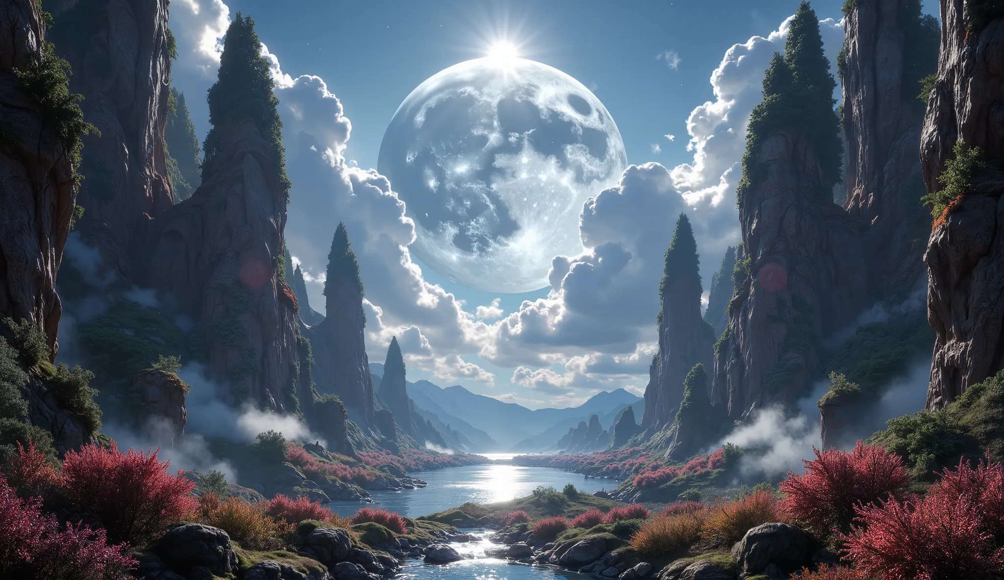 There is an image of a beautiful landscape with a giant moon, impressive fantasy 3D rendering, Unreal Engine fantasy art , symmetrical fantastic landscape, Arstation y Beeple altamente, Beeple Global Lighting, epic and dreamlike fantasy landscape, planet...