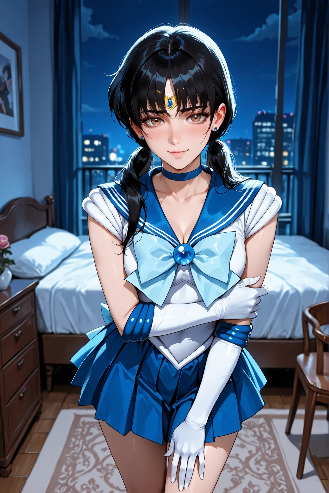 1girl , mitaka asa , long hair , low ponytails , brown eyes, sailor mercury (cosplay), tiara, earrings, blue choker, blue sailor collar, blue bow tie, white shirt, elbow gloves, white gloves, pleated skirt, blue skirt, bare legs, standing, in bedroom, chai...