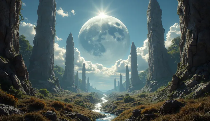 There is an image of a beautiful landscape with a giant moon, impressive fantasy 3D rendering, Unreal Engine fantasy art , symmetrical fantastic landscape, Arstation y Beeple altamente, Beeple Global Lighting, epic and dreamlike fantasy landscape, planet...