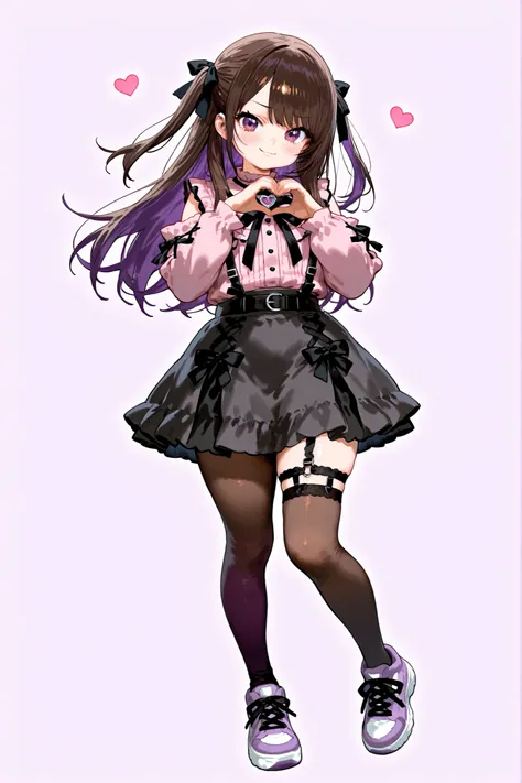 cute anime otoko no ko, jirai_kei, gothic_ta, dark brown and purple gradation medium-length hair, big sparkling brown and lavender eyes, black bows in hair, black skirt, garter straps, legwear garter pantyhose, soft pastel aesthetic, surrounded by small he...