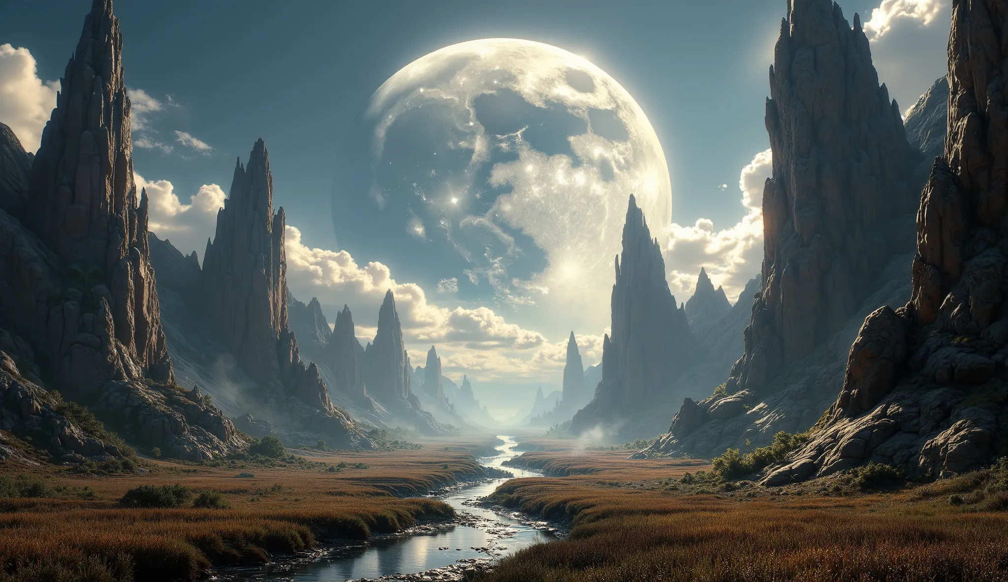 There is an image of a beautiful landscape with a giant moon, impressive fantasy 3D rendering, Unreal Engine fantasy art , symmetrical fantastic landscape, Arstation y Beeple altamente, Beeple Global Lighting, epic and dreamlike fantasy landscape, planet...