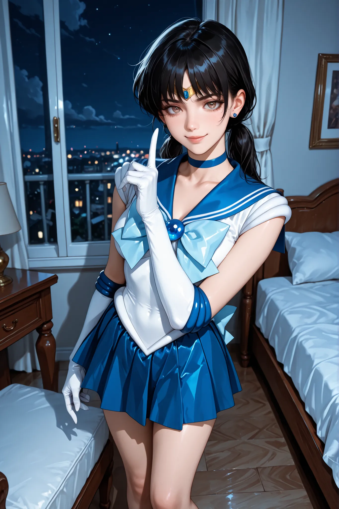 1girl , mitaka asa , long hair , low ponytails , brown eyes, sailor mercury (cosplay), tiara, earrings, blue choker, blue sailor collar, blue bow tie, white shirt, elbow gloves, white gloves, pleated skirt, blue skirt, bare legs, standing, in bedroom, chai...