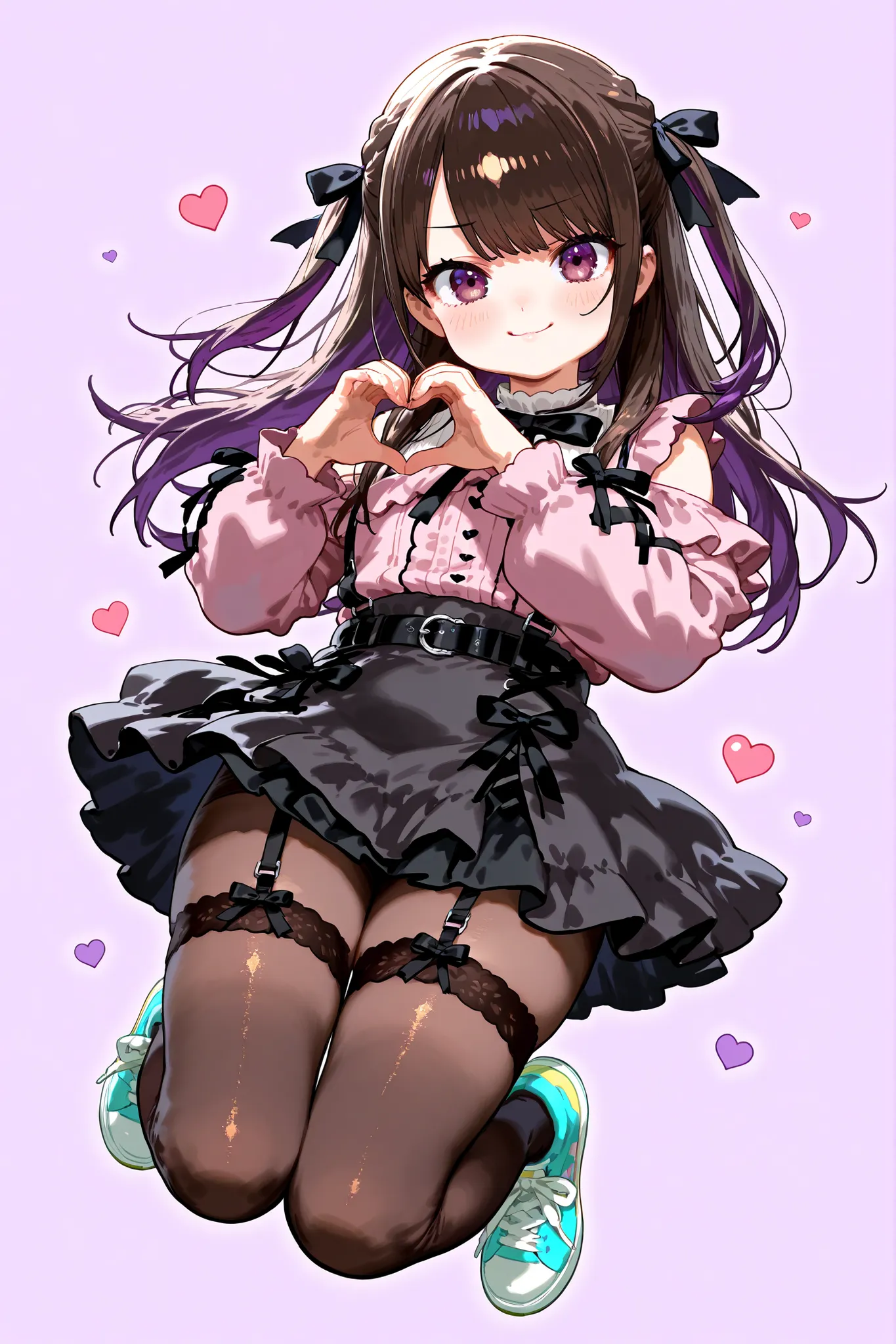 cute anime otoko no ko, jirai_kei, gothic_ta, dark brown and purple gradation medium-length hair, big sparkling brown and lavender eyes, black bows in hair, black skirt, garter straps, legwear garter pantyhose, soft pastel aesthetic, surrounded by small he...